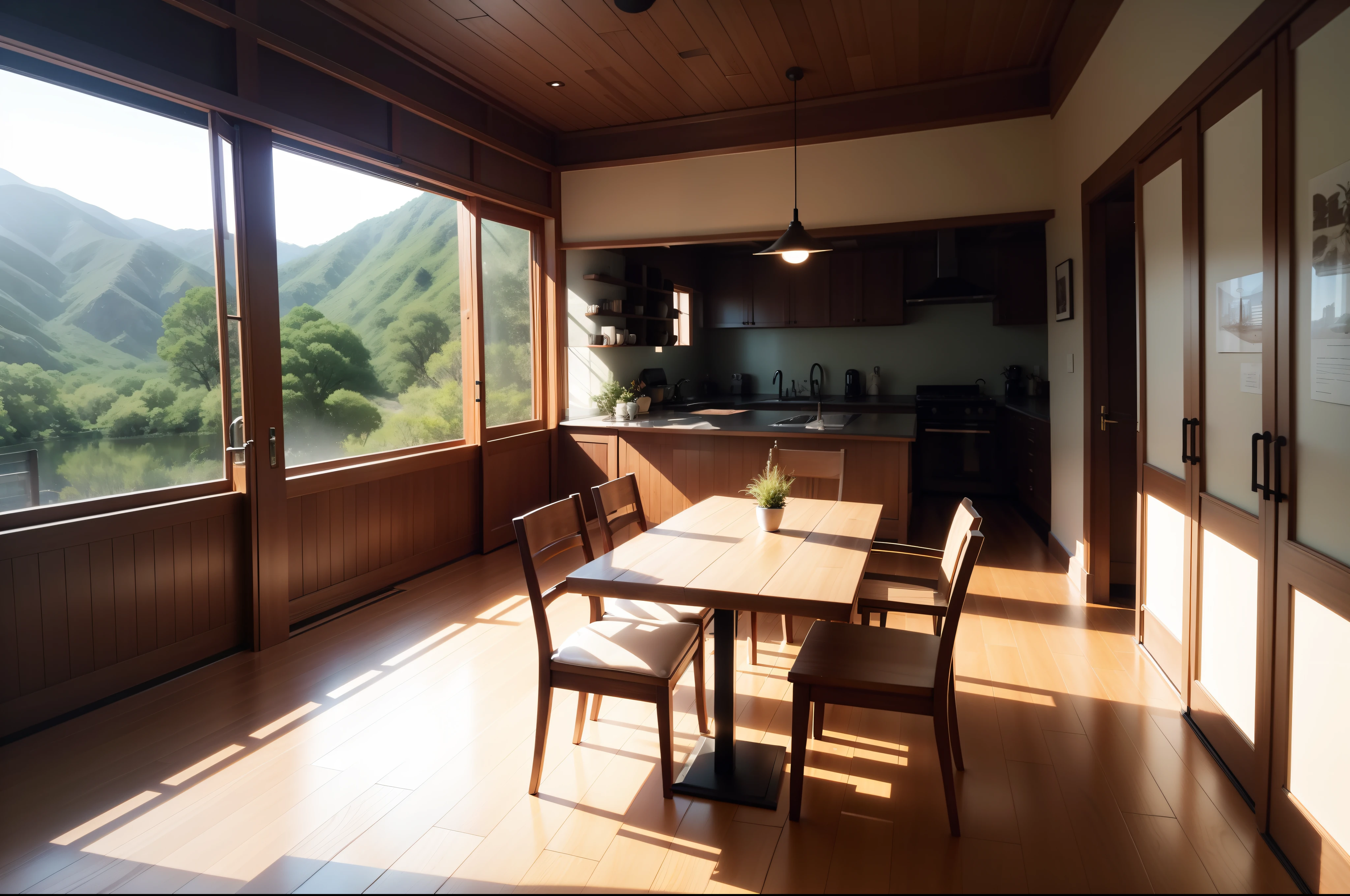 interior design、Insanely detailed wide-angle architectural photo、Cozy contemporary living room、(Bright and warm sunlight 1:0.1)、Award-winning contemporary interior design、landscapes、The table、a chair、in a house、Wooden flooring、window、resturant、east asian east asian architecture、sliding paper doors、abajour、architectural、the woods、naturey、cups、a plant、interior design、Insert lighting and shadows、depth of fields、low illuminance
