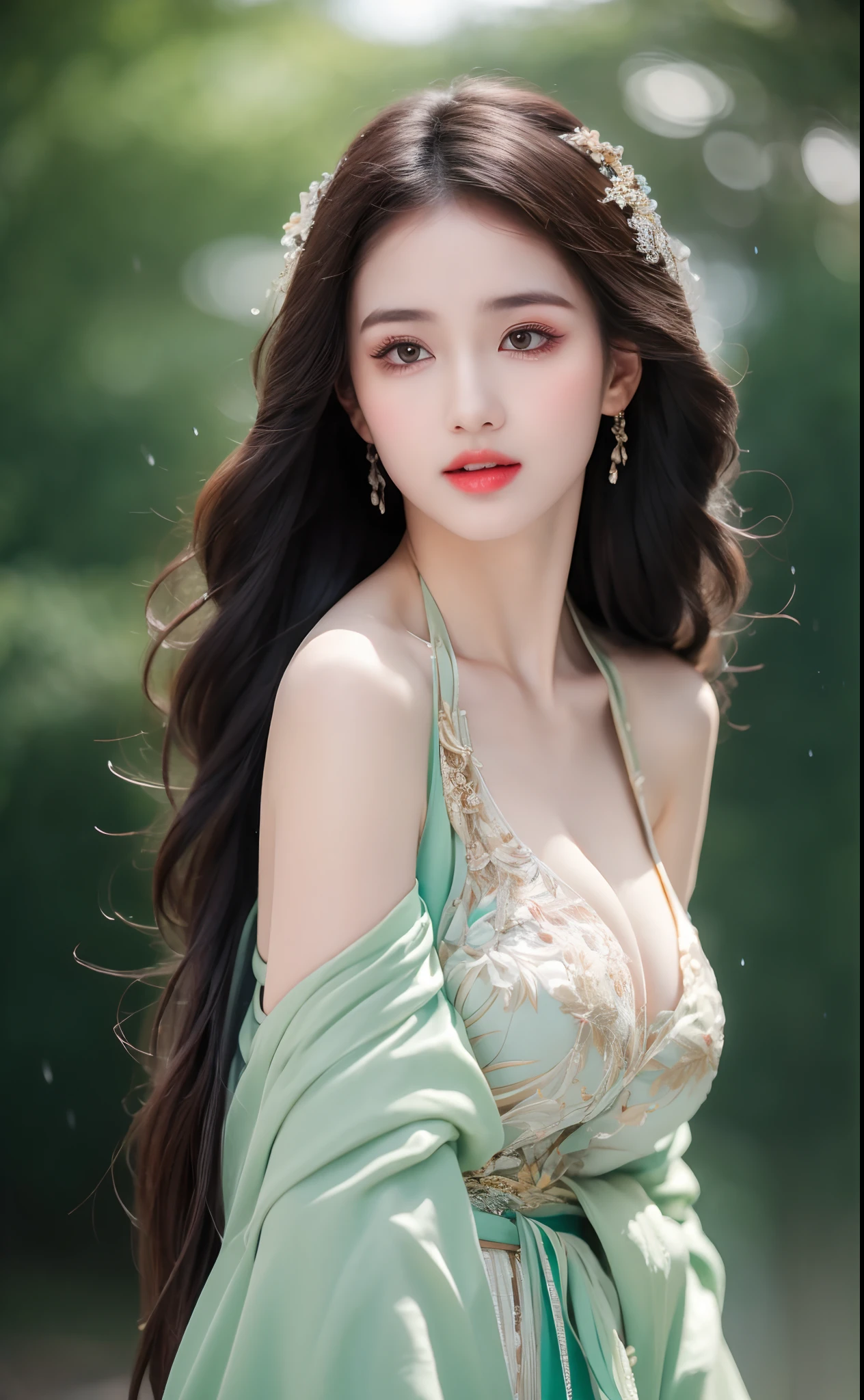 ((Best Quality, 8k, Masterpiece: 1.3)), Focus: 1.2, Perfect Body Beauty: 1.4, Buttocks: 1.2, ((Layered Haircut)), (Wet Clothes: 1.1), (Rain, Street:1.3), (Breasts: 1.2), (Hanfu: 1.2), Bare Shoulders, Bare Legs, Highly Detailed Face and Skin Texture, Fine Eyes, Double Eyelids, Whitened Skin, Long Hair, (Shut Up: 1.5), (Bokeh Background: 1.5), Big Breasts