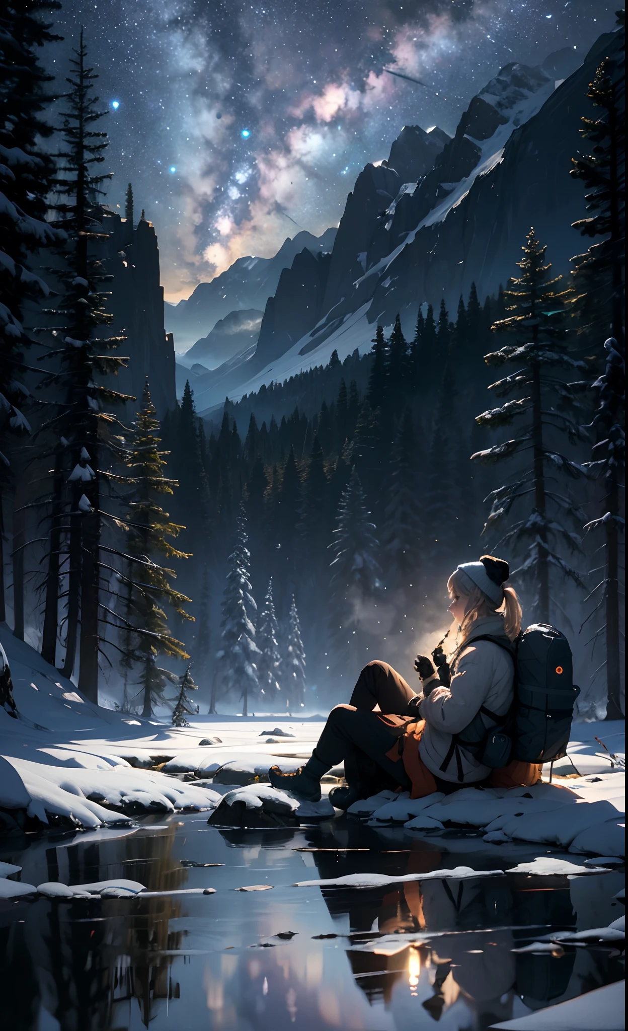masterpiece, best quality, ultra-detailed, illustration, 1girl, solo, outdoors, camping, night, mountains, nature, stars, moon, bonfire, tent, twin ponytails, green eyes, cheerful, happy, backpack, sleeping bag, camping stove, water bottle, mountain boots, gloves, sweater, hat, flashlight, forest, rocks, river, wood, smoke, shadows, contrast, clear sky, constellations, Milky Way, peaceful, serene, quiet, tranquil, remote, secluded, adventurous, exploration, escape, independence, survival, resourcefulness, challenge, perseverance, stamina, endurance, observation, intuition, adaptability, creativity, imagination, artistry, inspiration, beauty, awe, wonder, gratitude, appreciation, relaxation, enjoyment, rejuvenation, mindfulness, awareness, connection, harmony, balance, texture, detail, realism, depth, perspective, composition, color, light, shadow, reflection, refraction, tone, contrast, foreground, middle ground, background, naturalistic, figurative, representational, impressionistic, expressionistic, abstract, innovative, experimental, unique, blue tones