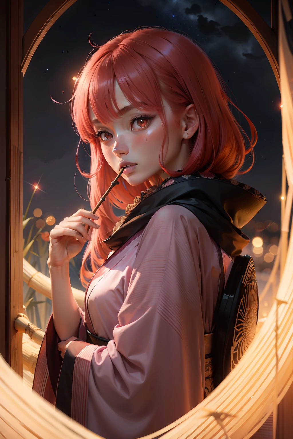 Night sky Stars pink kimono Hair of shawl Red hair End of hair A small piece of bamboo in mouth Red eyes Girlish atmosphere Delicate facial features Beautiful face Look up