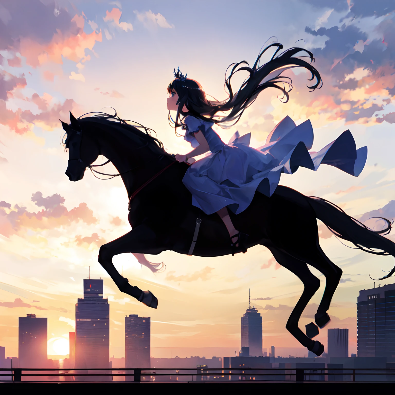 sunset,backlight,depth of field,from side,jumping,riding,horse,princess,tiara,blue eyes,black hair,long hair,blue and white dress,silhouette,skyscraper