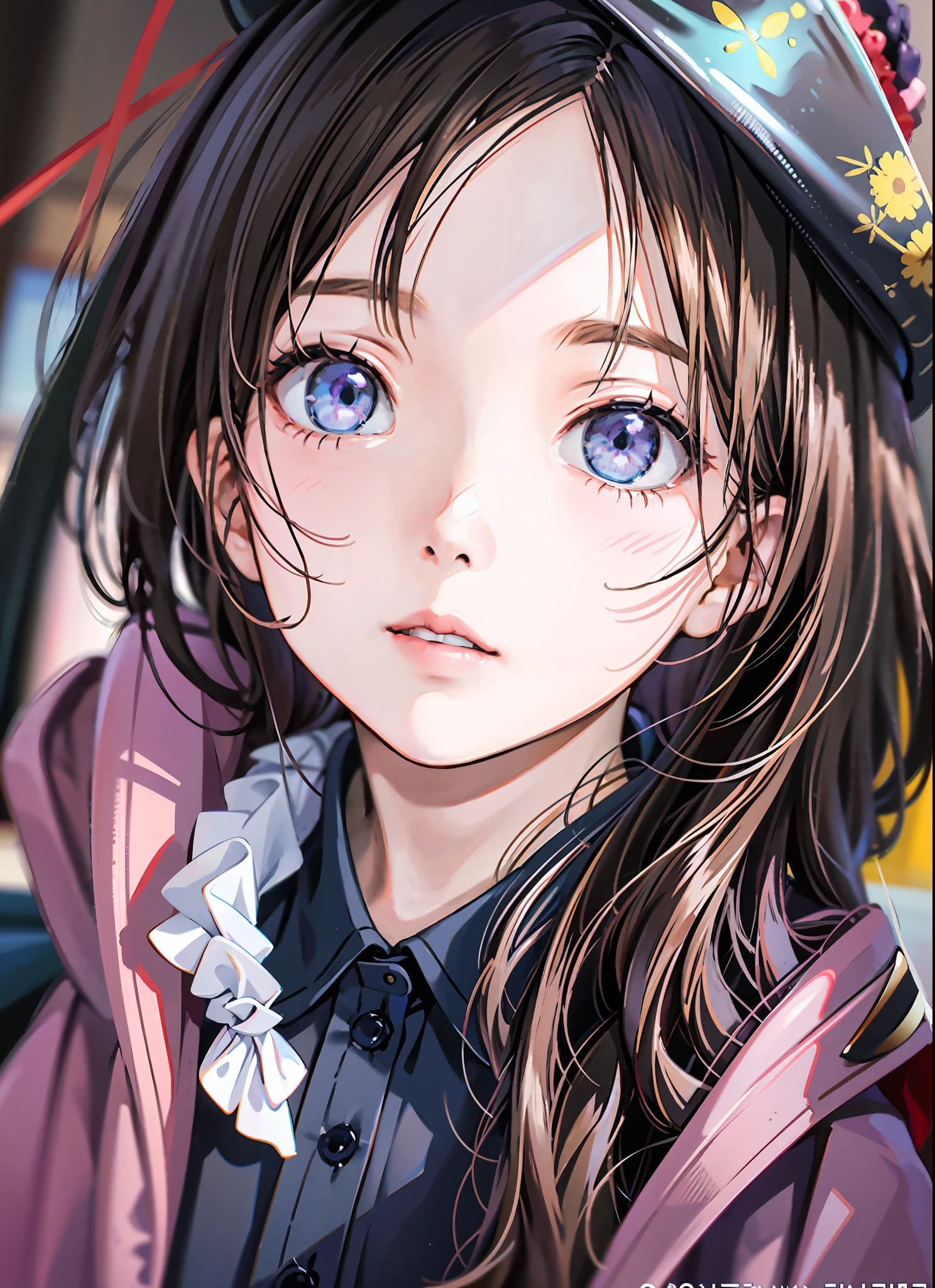 There is a photo of a young girl with long hair, Guviz, Clear face, ulzzangs, The face is clear, The image is clear,, Phlegm sputum, phlegm : : 5, Tumblr, shikamimi, ((Supersaturation)), guweiz masterpiece, Very, very high quality pictures, Soft and clear, bbwchan, Facial clarity effect