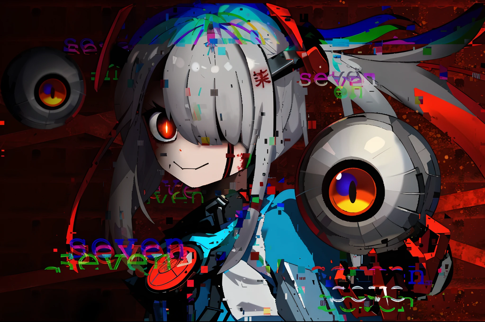 Anime girl with gun and red eyes with brick wall background, nightcore, glitch eyes, style of anime4 K, Pixiv style, cheerfulness!!!, Best anime 4k konachan wallpaper, pixiv 3dcg, ufotable art style, Anime manga robot!! Anime girl, Fully robotic!! Girl, author:Ei-Q