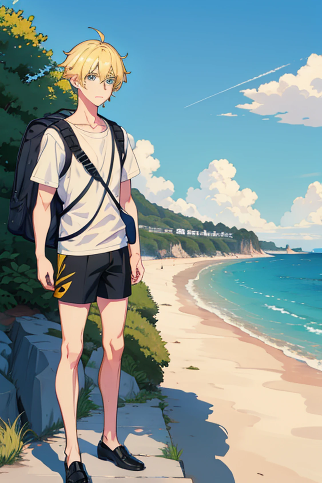 male people, Handsome face, tall nose bridge, eBlue eyes, Yellow-haired, Black shorts, sbeard, Mature melancholy temperament, Views from the seaside, backpacks, Short white sleeves