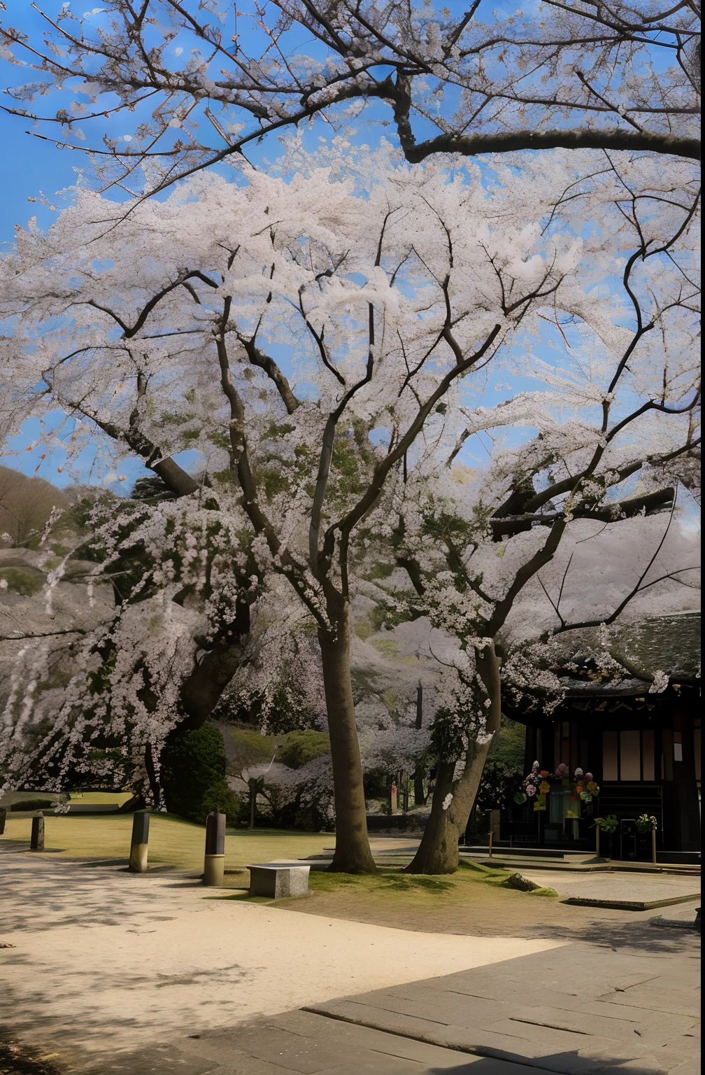 under a cherry blossom tree, sakura trees in the background, The cherry tree, sakura trees in the background, In Karuizawa, near a japanese shrine, giant cherry trees, lush sakura trees, Detailed tree in bloom, The cherry tree, sakura bloomimg, japanese temples, The cherry tree, sakura season