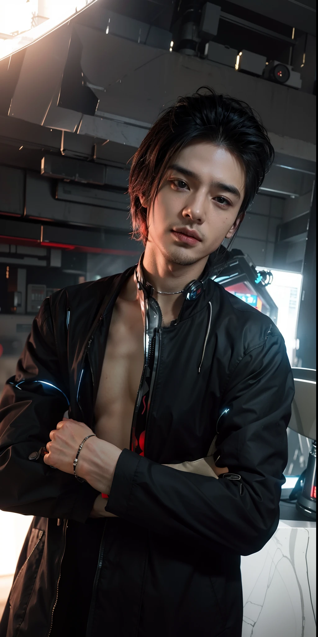 Change background, cyberpunk, handsome boy, realistic face, sk, ultra realistic face