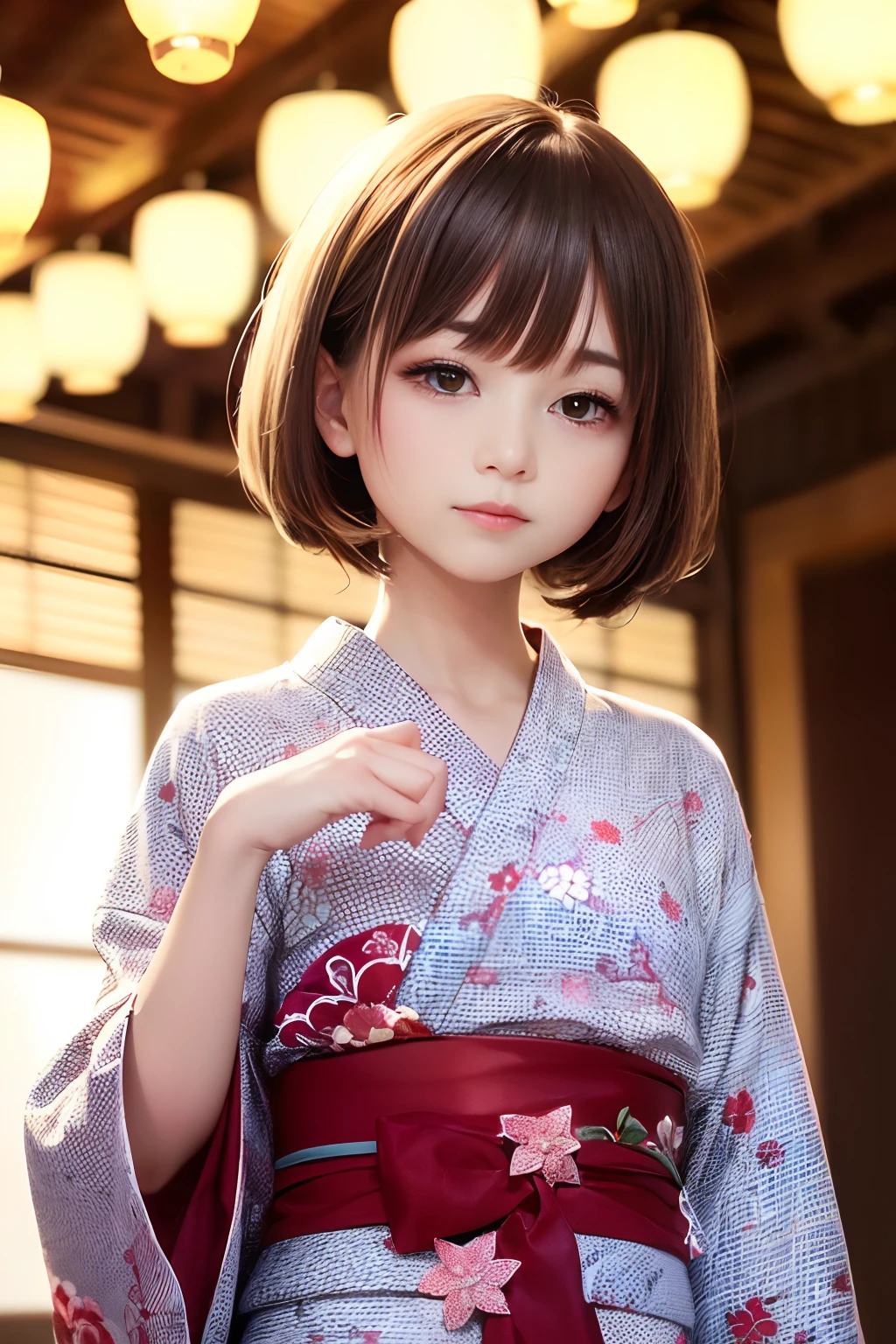 Upper body from the waist up、Are sleeping、nap、（Sleeping with your eyes closed）、(４In K、​masterpiece、hight resolution、Realistic and beautiful light and shadow、One girl、Solo Focus、(top-quality)、(Hi-Res)、(extremely delicate and beautiful)、(Beautiful 8k face)、(Brown-eyed)、(I close my eyes while smiling.)、(独奏)、(Clear skin)、(Soft hair)、(hugetits)、(Plaid kimono, Red and blue floral yukata)、((Awa Odori Pose))、((Bokeh lantern light night background))、((speedo))、(reality)、thin and small nose、（red lipsticks）、（Reddening cheeks）、poneyTail、（Lustrous skin）、((Ukiyo-e style))、Ultra-thin eyebrows、Ultra high image quality、（Wearing maiko-style makeup）、skin whitening、long and beautiful lashes、Turning around in the style of a Kyoto magazine model、((s asleep))、Lustrous skin、（Red-dyed cheeks）