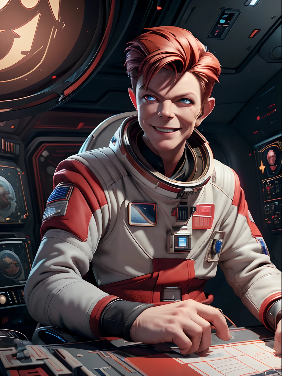 (masterpiece, best quality, illustration, unreal engine 5, official art:1.3), Rich Red color scheme, A picture of (David Bowie) as smiling Major Tom, a technocratic, omnivorous, iridescent, astronaut commander, (sitting in a starbase control room:1.2),detailed face, insanely intricate detail, absurdres, 8k