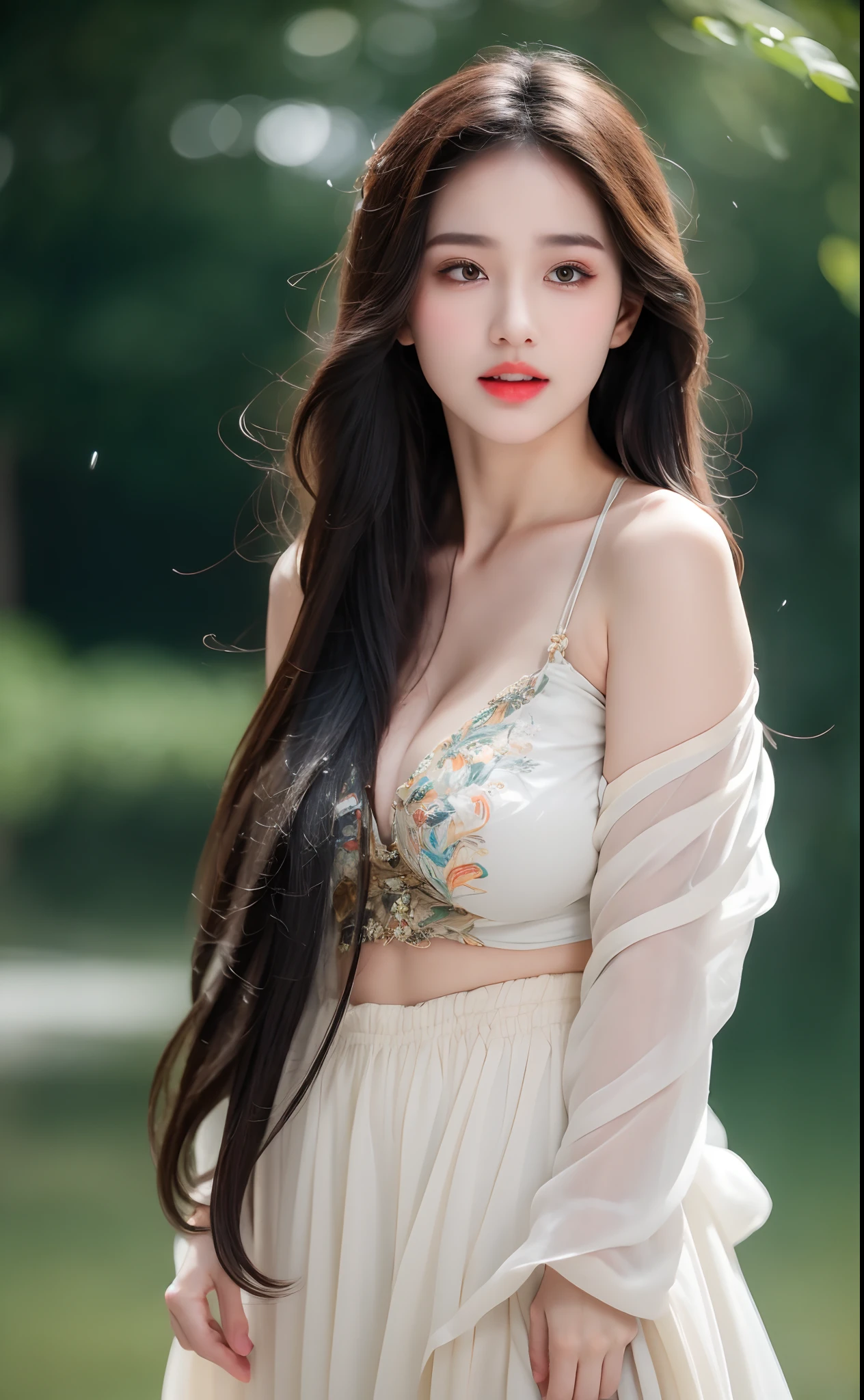 ((Best Quality, 8k, Masterpiece: 1.3)), Focus: 1.2, Perfect Body Beauty: 1.4, Buttocks: 1.2, ((Layered Haircut)), (Wet Clothes: 1.1), (Rain, Street:1.3), (Breasts: 1.2), (Hanfu: 1.2), Bare Shoulders, Bare Legs, Highly Detailed Face and Skin Texture, Fine Eyes, Double Eyelids, Whitened Skin, Long Hair, (Shut Up: 1.5), (Bokeh Background: 1.5), Big Breasts