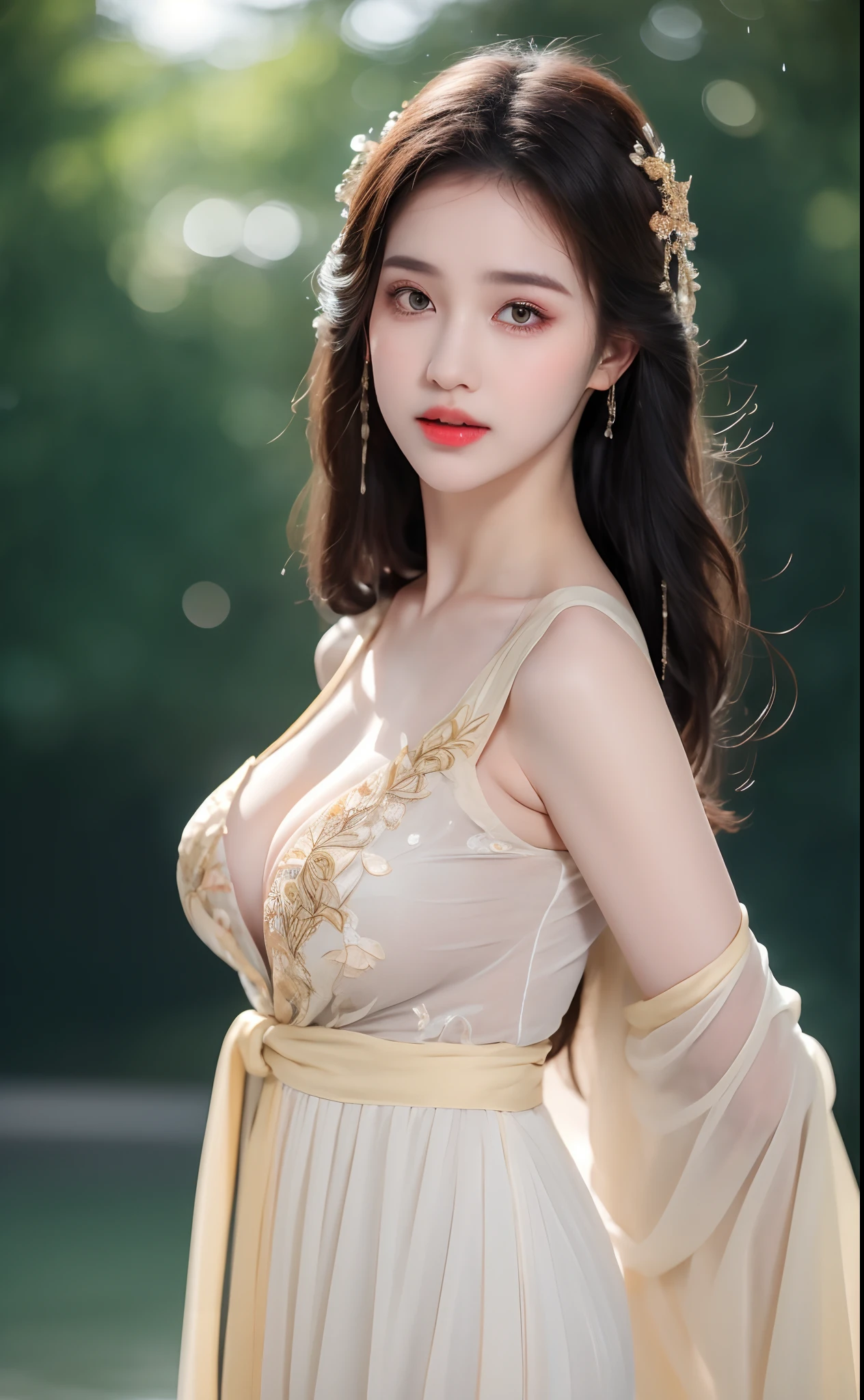((Best Quality, 8k, Masterpiece: 1.3)), Focus: 1.2, Perfect Body Beauty: 1.4, Buttocks: 1.2, ((Layered Haircut)), (Wet Clothes: 1.1), (Rain, Street:1.3), (Breasts: 1.2), (Hanfu: 1.2), Bare Shoulders, Bare Legs, Highly Detailed Face and Skin Texture, Fine Eyes, Double Eyelids, Whitened Skin, Long Hair, (Shut Up: 1.5), (Bokeh Background: 1.5), Big Breasts