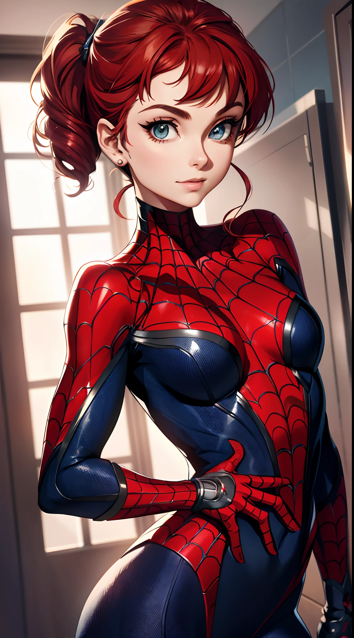 best qualtiy，GameCG，1girll，tmasterpiece，best qualtiy，8K，detailed skin textures，Detailed cloth texture，beautifull detailed face，Complicated details，the ultra-detailed，Audrey Hepburn，spiderman uniform，Straight red hair，（A half body：1.2），cleavage