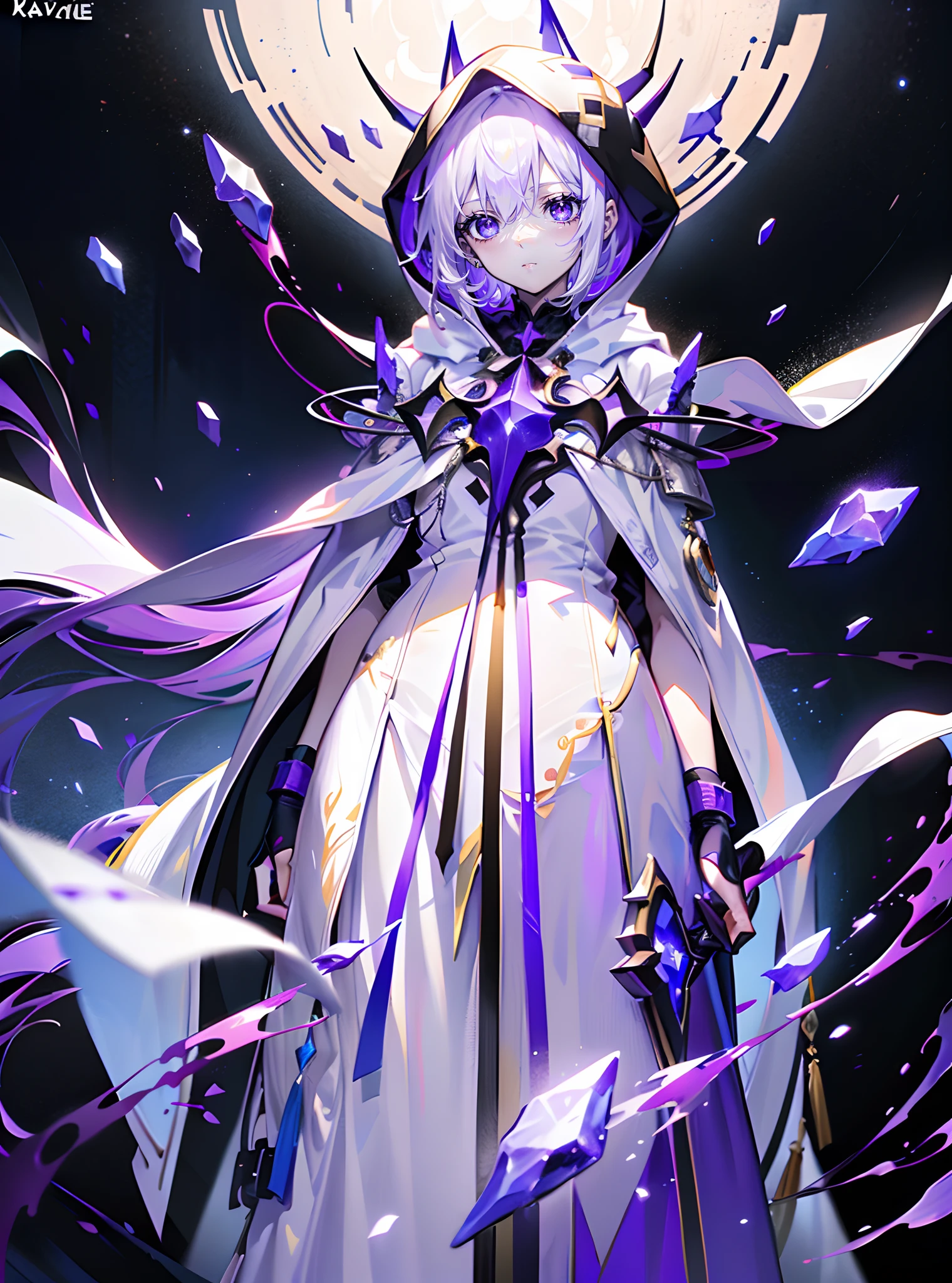 (tmasterpiece,best qualtiy,style of anime,a sense of atmosphere,higher details,cg render,Standing painting,Ray traching,Divine sense top light)(White color hair,long whitr hair,Purple pupils,White hooded cape,Cover the whole body,Non-juveniles)(The background is a huge purple space)(There are purple crystals around)