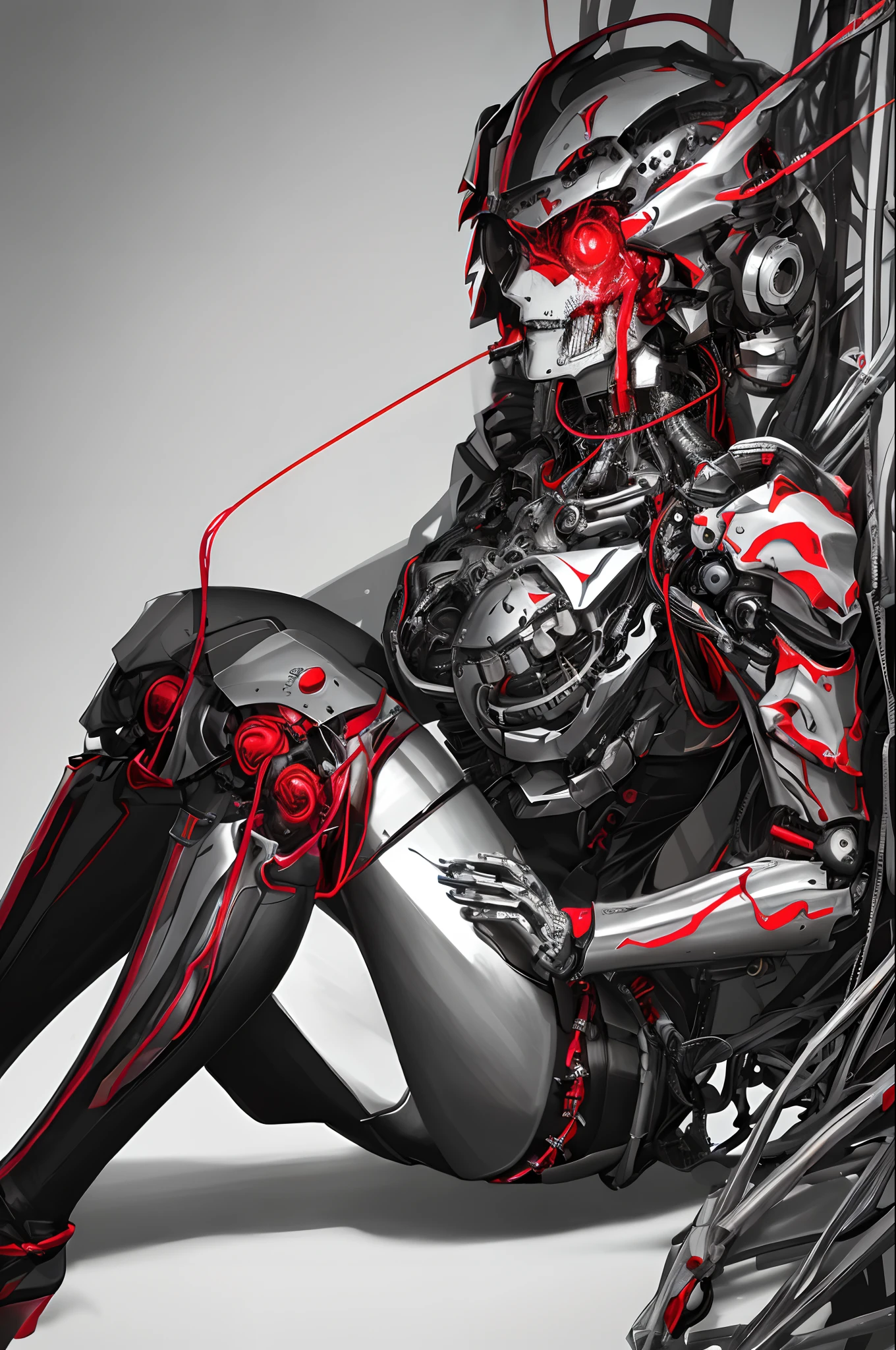 1 mechanical girl, ((super realistic details)), portrait, global illumination, shadows, octane rendering, 8k, super sharp, metallic, complex, ornamental detailed, cool colors, Egyptian details, highly complex details, realistic light, CGsociety trends, glowing eyes, facing camera, neon details, mechanical limbs, blood vessels attached to tubes, mechanical vertebrae attached to the back, mechanical cervical vertebrae attached to the neck, sitting, wires and cables attached to the head, (stockings heel), (red blood ), (black armor), (transparent bone)