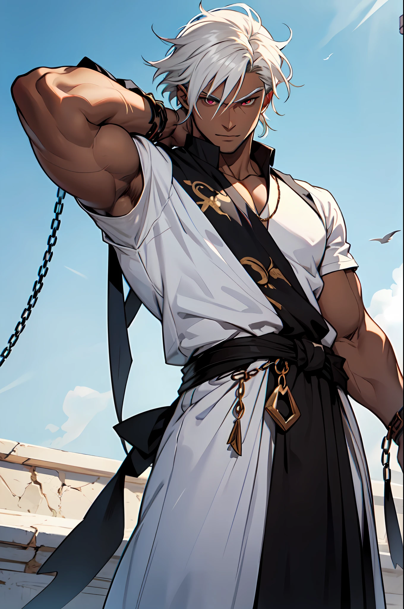 "Stunningly detailed anime sketch of a solo ((tall)) ((muscular)) ((dark-skinned)) greek male. He exudes maturity and has vibrant wild white hair and deep crimson eyes. Dressed in revealing greek fantasy clothing, including a chains around his arms."