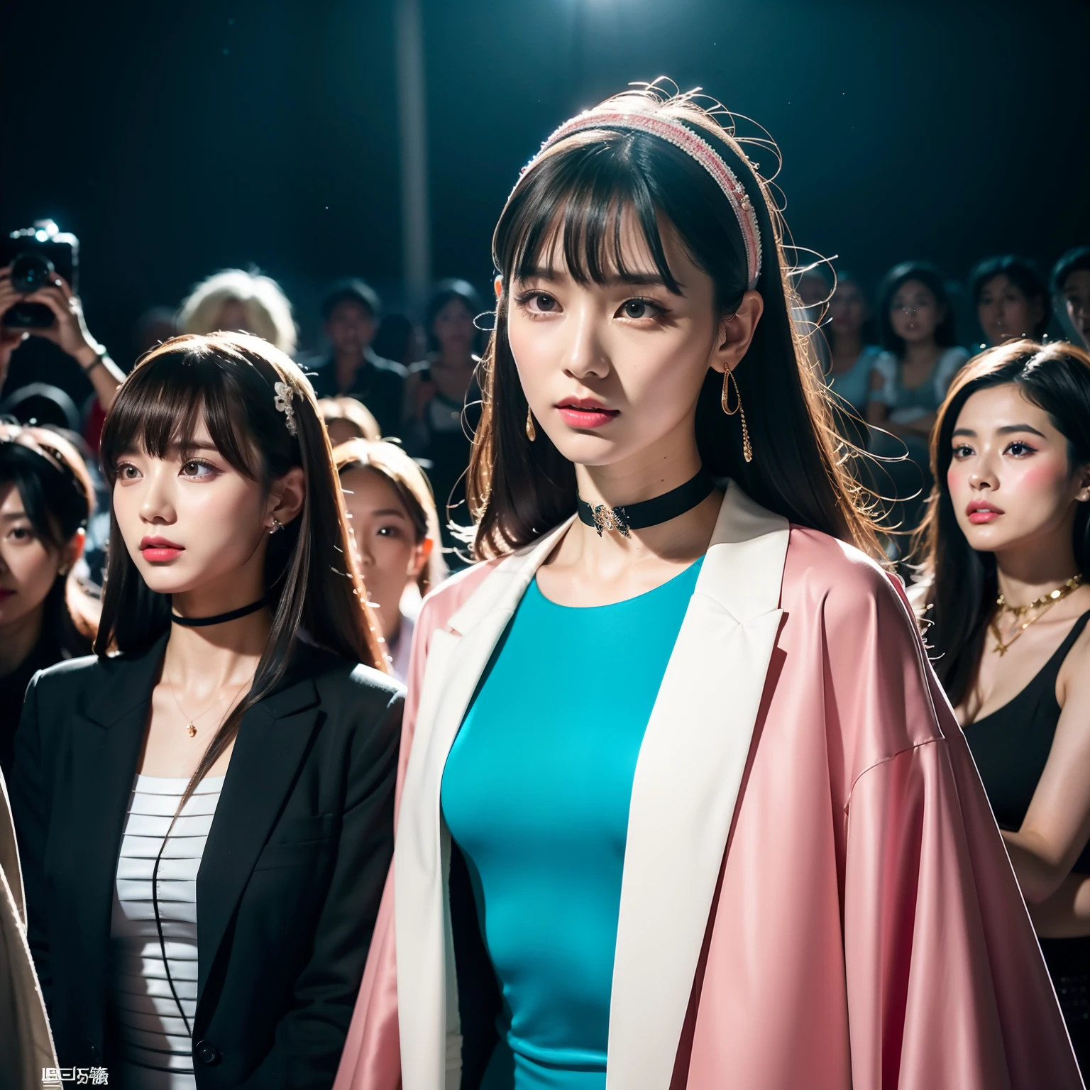 （8K分辨率，shot from a far distance，Close-up photos，Realistic wallpapers），（1 female，age 22，（Yamamoto's facial features：1.6，Face with thin bones，s delicate face），com rosto detalhado，（Delicate Japanese makeup），Beautiful face，com rosto detalhado，详细的脸，Ultra-fine makeup，Black colored eyes，（Look into the distance），Long black straight hair，（By bangs，dual horsetail，Messy hair，Messy has layers），Redlip，Fair smooth skin，（Best Skin Type：1.21），mediuml breasts，（shift dresses，Princess dress，Student kits，Wide T-shirt，Mesh fake coat，（materpiece：terylene，Lycra cotton，elasticity），Ribbon headband，Some flower headdresses，耳Nipple Ring，choker necklace，Yarn gloves，high-heels），Tall and tall，perfect hand，Ultra-fine clothing material），（Stage performances，Exquisite stage details，（Vista view of the catwalk，Outdoor catwalk，Tokyo fashion show，Kansai Hanakui，neonlight，A large audience in the audience，Model on the catwalk）），（exhilarated，ssmile，narcissistic，Rejoice），（Various stage lighting assistance，profesional lighting，动态照明），（（vibrant with colors，，Reserved，ellegance，vivaciousness，（white colors，purpleish color，blue colors，in pink））），（Golden section，Cinema lenses，Hasselblad photograp，tmasterpiece：1.3），（Pure，adolable，Delicate，dream magical，Little woman，Raised sexy，trendsetting，Street style，Artis，Art platform）