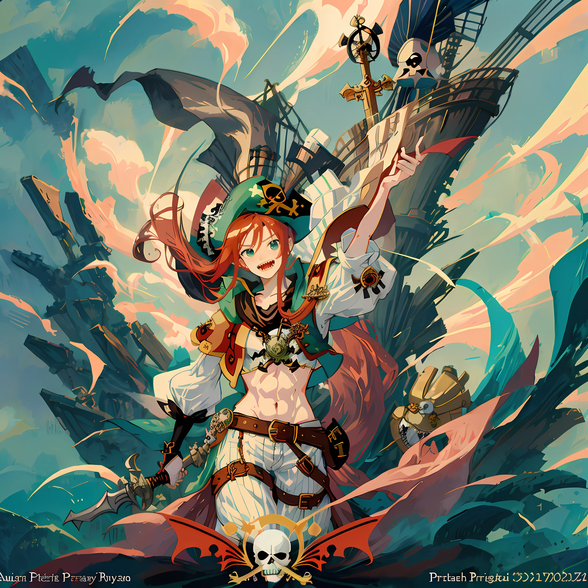 Anime girl holding sword and pirate hat on boat, Kushatt Krenz Key Art Women, high detailed official artwork, Guilty Gear strives to splash art, pirate queen, mechanized witch girl, Ayaka Genshin impact, Anime fantasy illustration, Anime fantasy artwork, Detailed key anime art, guilty gear art direction, guilty gear art style,Anime characters with green eyes and hats, [[[[grinning evily]]]], a pirate, , Vampires, pirate, ((Red)) baggy eyes, pirate portrait, zerochan art, guilty gear art style, gungrave, portrait of a bloodborne hunter, swashbuckler class pirate, zerochan，redheadwear，Anime girls，Pirate captain，Pirate hat，Shark teeth，Anime girl with red hair and green hat holding a sword, high detailed official artwork, Official anime artwork, Official artwork, Detailed key anime art, Anime fantasy artwork, ornate piracy, pirate queen, Anime fantasy illustration, Detailed digital anime art, cushart kenz, Kushatt Krenz Key Art Women, trending on artstation pixiv, artbook artwork，A MILF，sideface，huge tit，Abs，The sword，over knee socks，skeleton head，Long white pants，vest，The flag，pirate ships