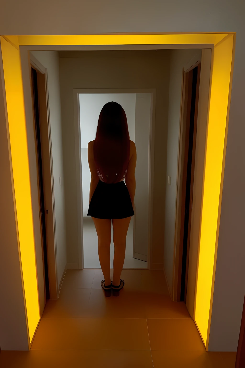 Full body shot of a beautiful,nakeness,Show external ?????????,Stand at the front door,facing the photo,Yellow light is emitted from the outer chamber,(brunette color hair,gorgeous figure),Rear view on the mirror