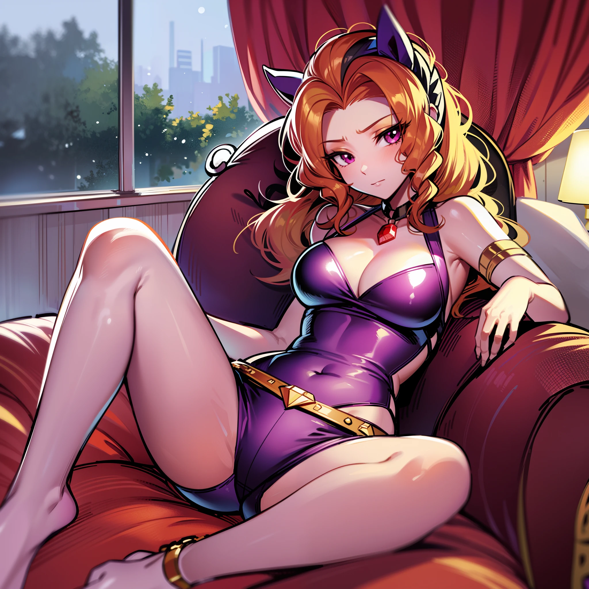 "Adagio Dazzle, the mesmerizing character from My Little Pony, sitting alone on a cozy couch in a stylishly decorated house."