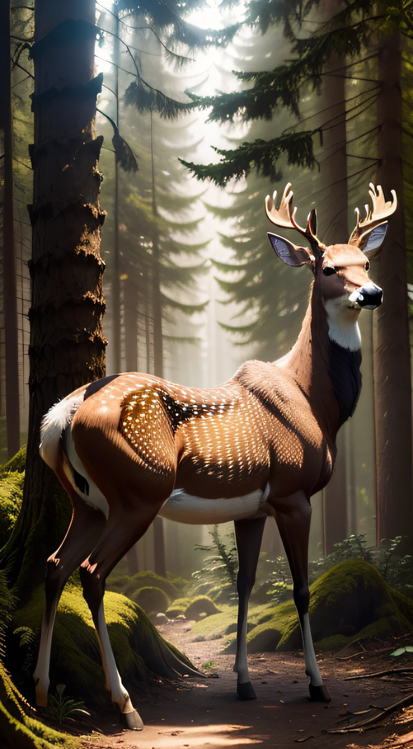 Amidst the forest's embrace, a gentle deer stands, dappled sunlight illuminating its graceful form. A tranquil moment where wilderness and elegance converge