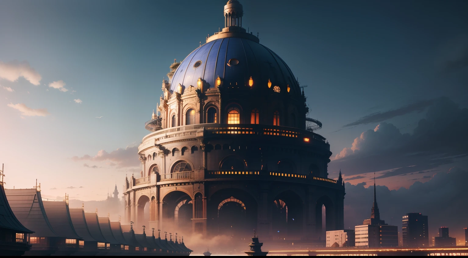 hiyao miyazaki，Technologie，scenecy，Several large buildings，中景 the scene is，Skysky，dream magical，fanciful