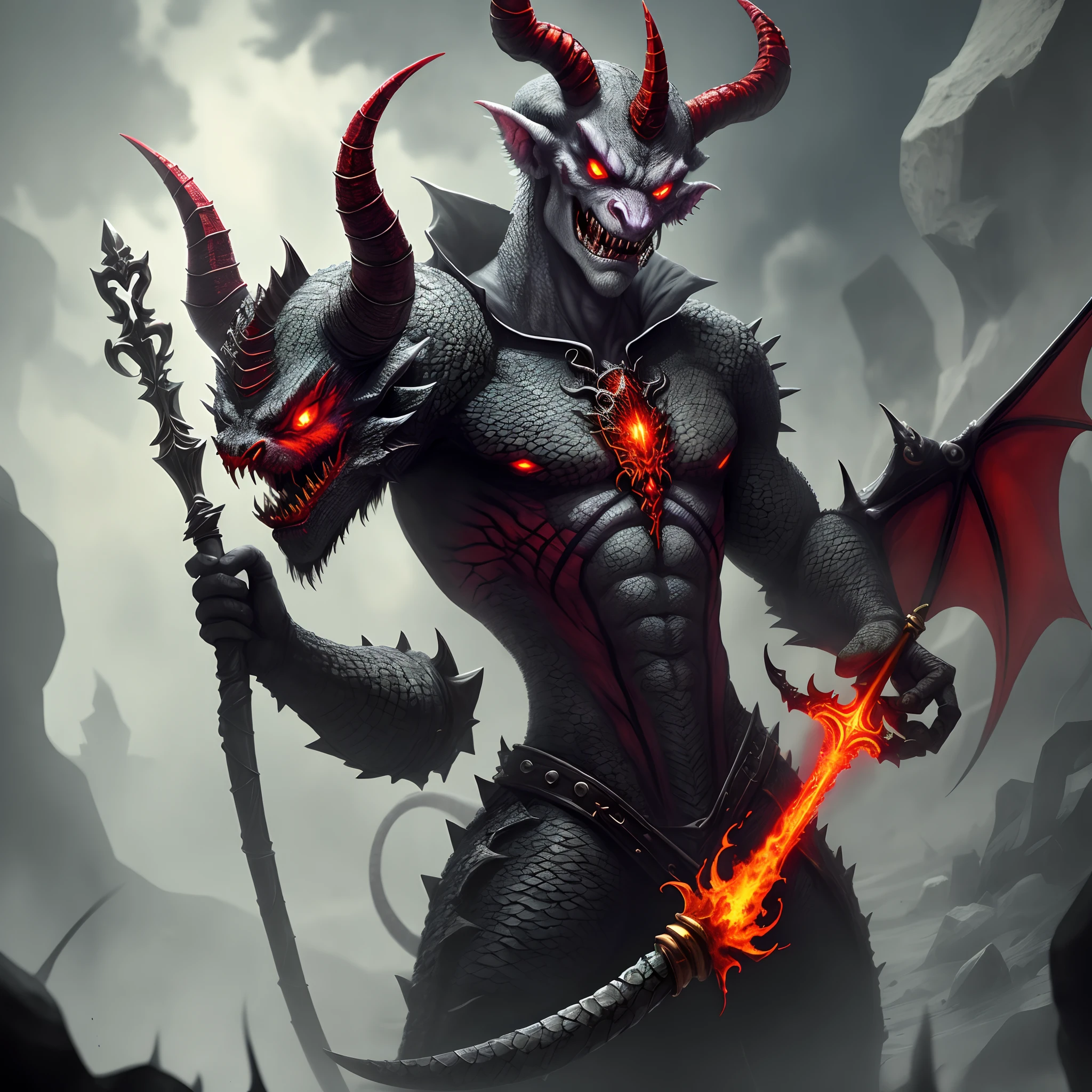 Two-horned demon,Scepter in hand,Scaly tail,Blood Red Hell,Many demonic minions