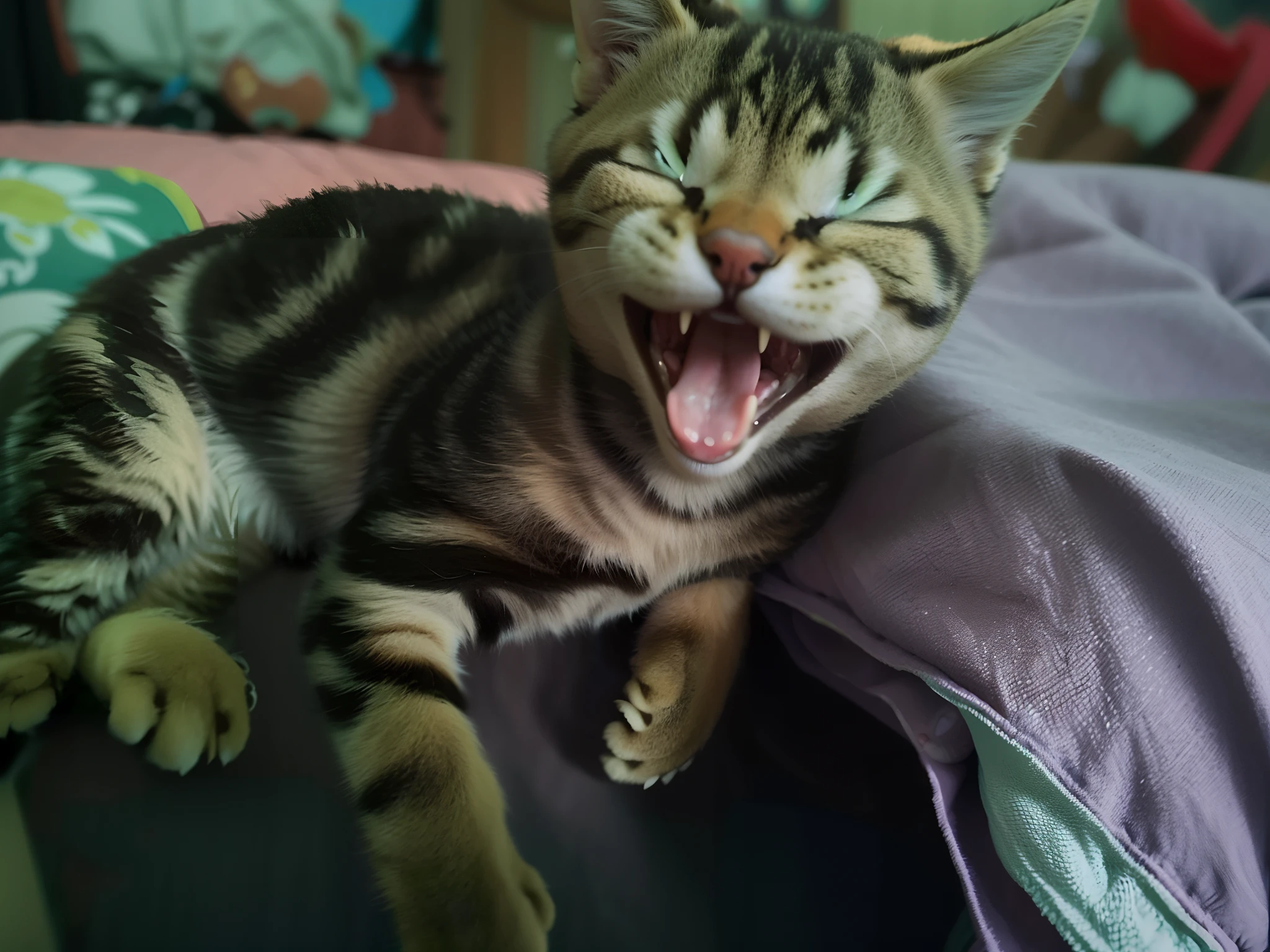 There was a cat yawning on a pillow, Yawning, happy with his mouth open, screaming in pain, Happy cat, he is screaming, with her mouth open, smileeeeeee, sneering at the camera, lick out, screaming at the camera, Mouth open, Very excited, the cat is smiling, Mouth slightly open, sneering, smiling cat