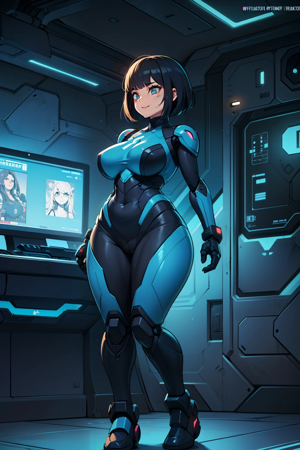 sexy, professional artwork, detailed eyes, beautiful eyes, beautiful face, flawless face, gorgeous face, smooth features, large breasts, blush, thick thighs, beautifully detailed background, chubby, thick, curvaceous, voluptuous, thick thighs, wide hips, belly, soft, full figure, big beautiful woman, pudgy, sci-fi, science fiction, future, neon lights, space ship interior, space ship, space, space visible through window, outer space, mechanical background samus, samus aran, metroid, varia suit, power suit, nintendo, metroid dread, super metroid, metroid prime, exposed breasts, exposed vagina, cyberpunk, cyborg, cyborg woman, cybernetics, cybernetic, robot, robotic arm, robotic leg, smiling, short hair, black hair