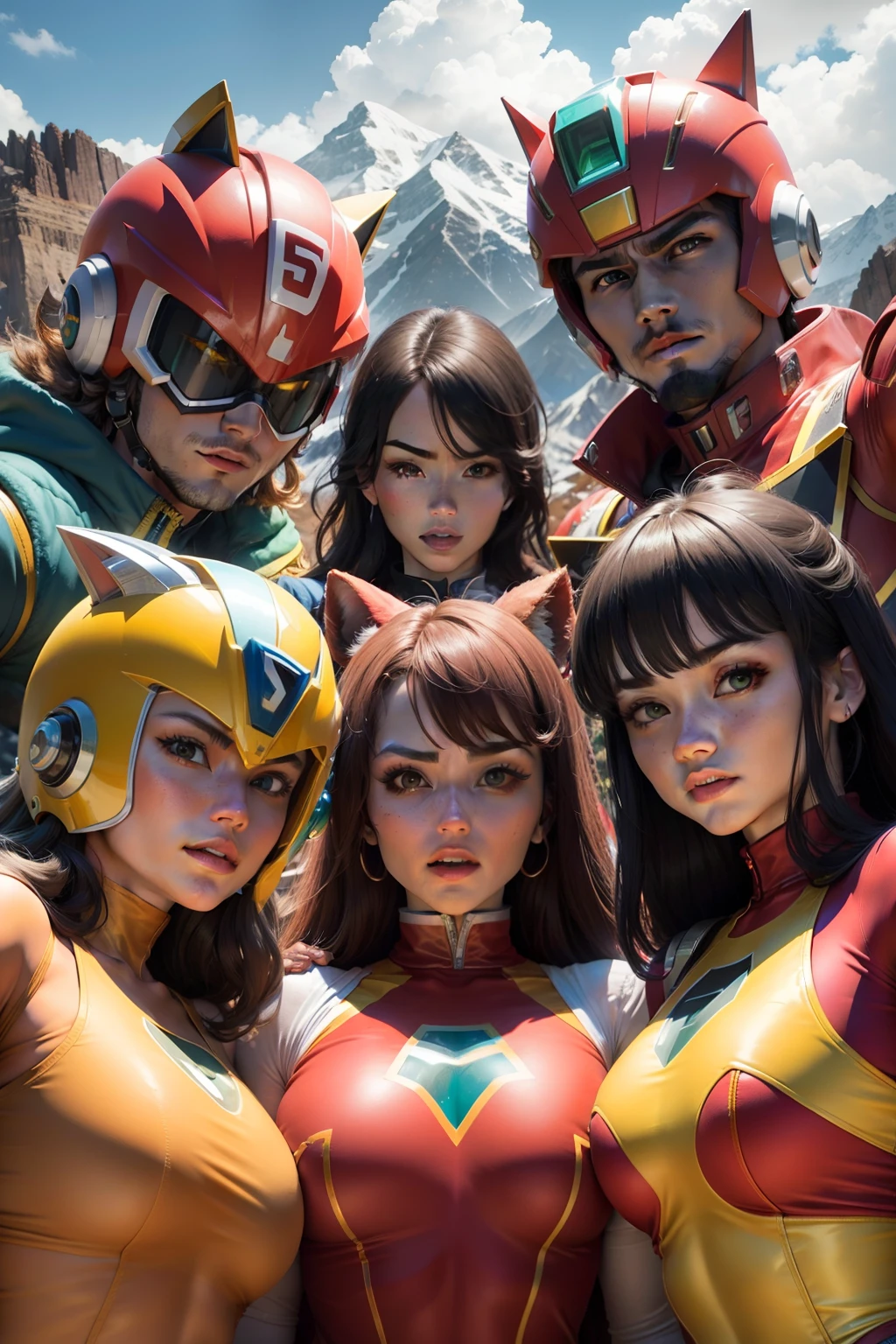 Exploding Rocky Mountains background、Super Sentai Series、Megaranger、Hero Mask、Slim Fivesome、（reddish、Green、A black、amarelo、Pink Fivesomes）Righteous heroes、Decide on a transformation pose、