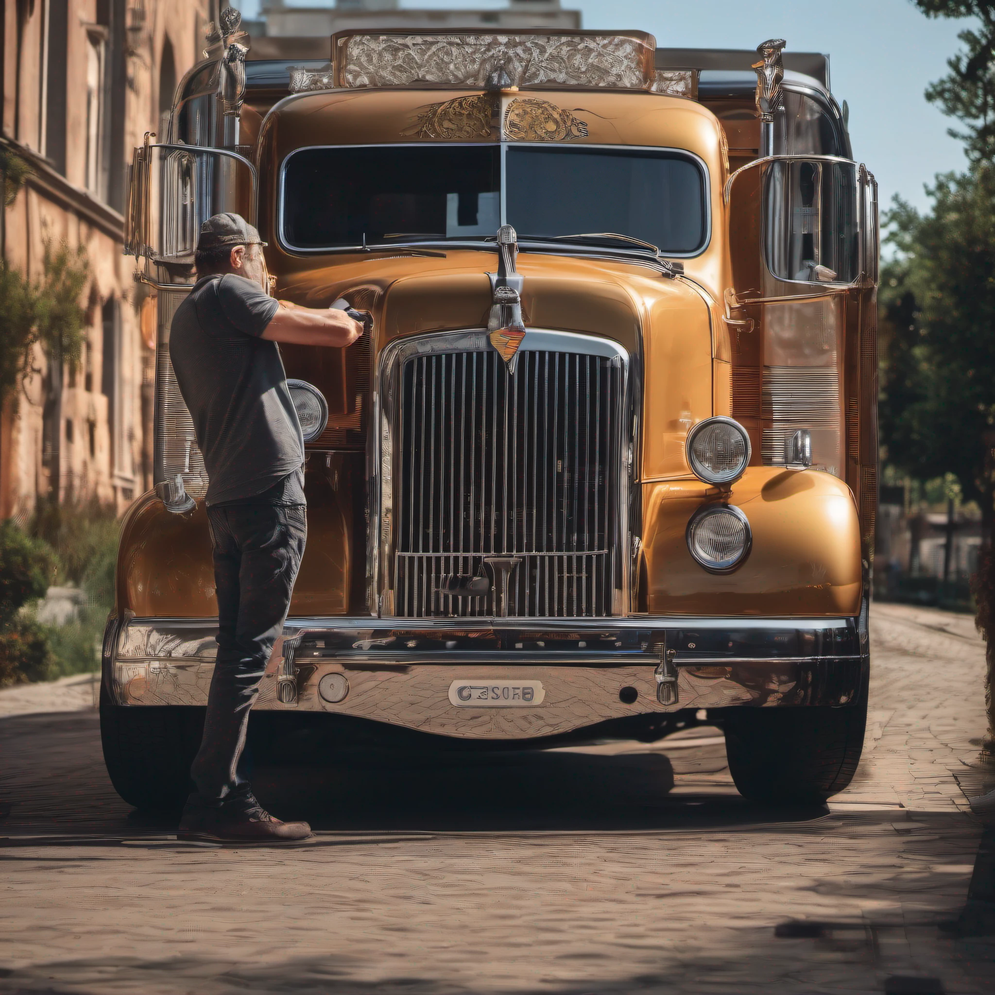 a man taking a photo of his nice polished older european truck, , highly detailed realistic photography style,intricated details, cinematic lighting, contrast lighting, dslr, insanely intricate details, amazing fine detail, hyper detailed, sharp focus, ultra high res