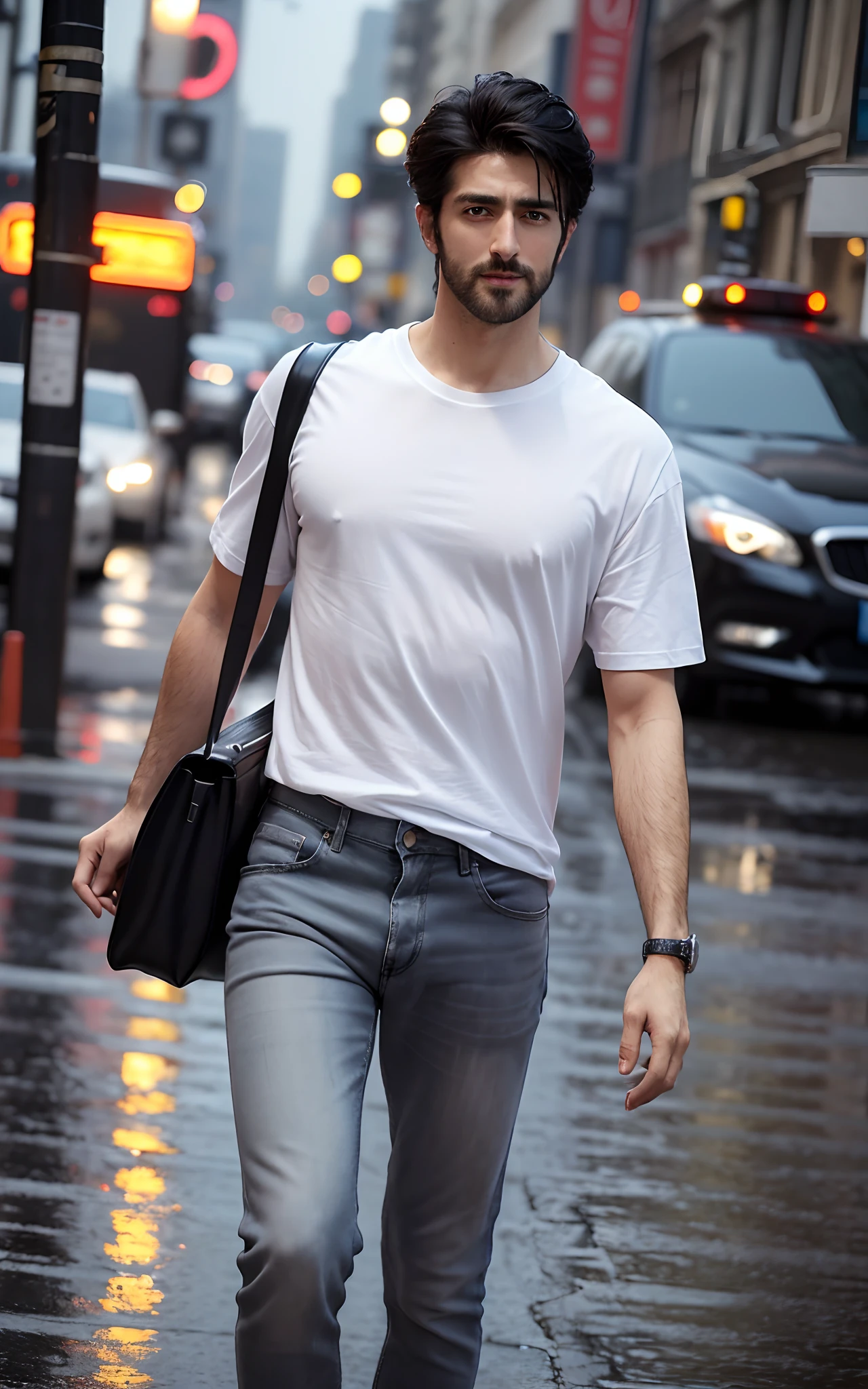 (RAW photo, best quality, highest quality, masterpiece:1.2), (realistic, photo-realistic:1.37), ultra high res, (1 man 36 year's old, Tirkish handsome:2.0), (summer night:1.3), (Navi blue round neck plain Tee-shirt, regular fit baggy Tee-shirt, grey bottom fold regular fit lose jeans:1.3), (standing on a street, wet wide road:1.4), high rise buildings, traffic cars, yellow cabs behind, rainy weather, headlights, rainy atmosphere, full body, Oxford black shoes, model style Posing, open legs, carrying leather handbag, (focus face:1.3), (high contrast:1.1), (detailed background:1.3), dynamic pose, intricate detail, delicate pattern, (vibrant, colorful:1.3), (high sharpness), middle eastern guy, fashion posing, short black hairstyle, plain regular fit lose Tee-shirt no printing on Teeshirt, light bearded, Turkish boy.