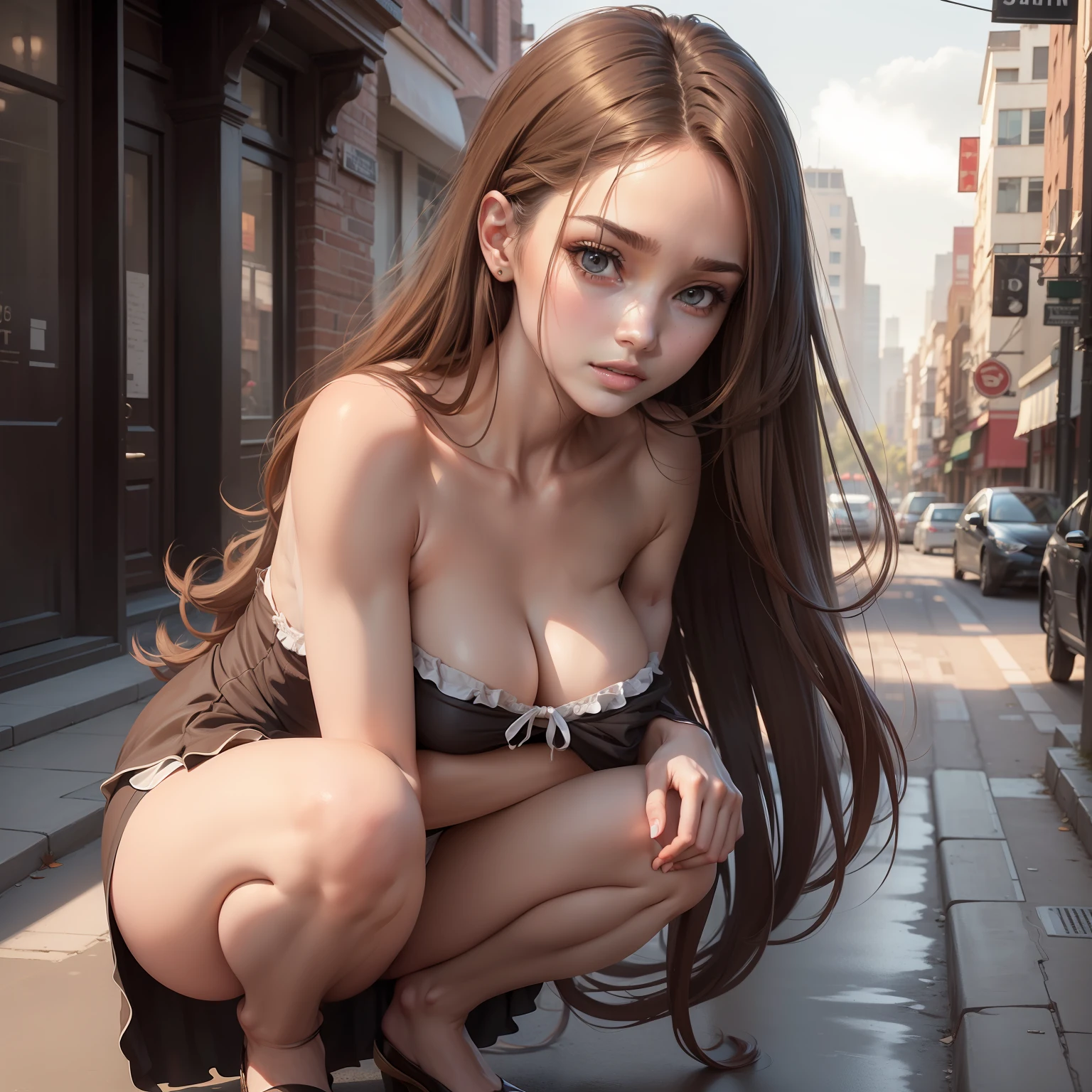 ((best quality, 8k, masterpiece: 1.3)), sharp: 1.2, perfect body beauty: 1.4, slender abs: 1.2, ((layered hairstyle, big breasts: 1.2)), (bandeau dress white: 1.1 ), city streets: 1.2, highly detailed facial and skin textures, detailed eyes, double eyelids, long brown hair, thin dress, hands behind, squatting, slightly revealing panties, revealing cleavage.