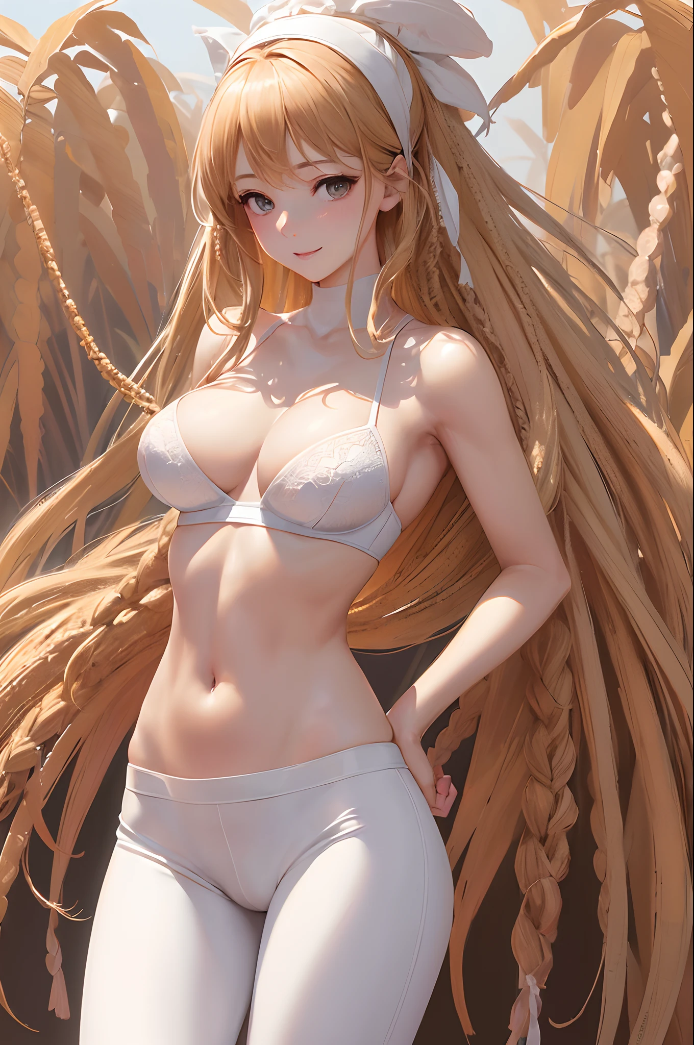 ((Best picture quality, 8K, tmasterpiece:1.3)),((1个Giant Breast Girl)),A small braid,Ultra-fine face,A detailed eye,ssmile,Bra C cups,Slender abs,Legs are very thin and long,The butt is upturned,((white under lingerie,white sweatpants,The background is a sorghum field)),