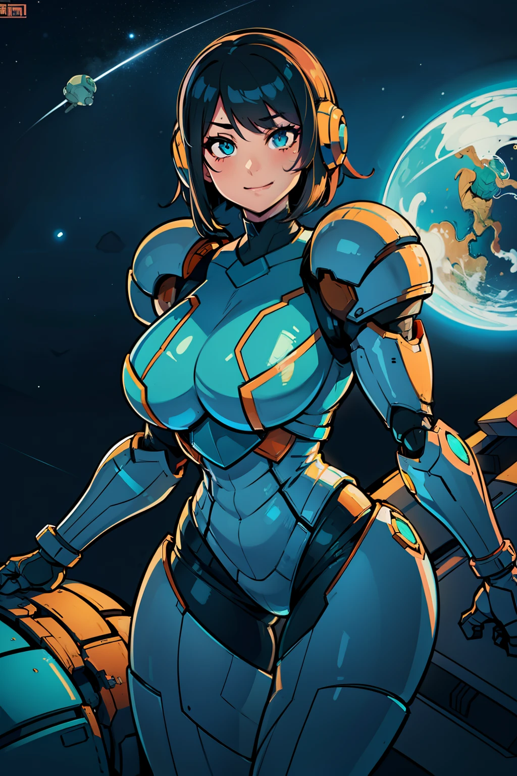 sexy, professional artwork, detailed eyes, beautiful eyes, beautiful face, flawless face, gorgeous face, smooth features, large breasts, blush, thick thighs, beautifully detailed background, chubby, thick, curvaceous, voluptuous, thick thighs, wide hips, belly, soft, full figure, big beautiful woman, pudgy, sci-fi, science fiction, future, neon lights, space ship interior, space ship, space, space visible through window, outer space, mechanical background samus, samus aran, metroid, varia suit, power suit, nintendo, metroid dread, super metroid, metroid prime, exposed breasts, exposed vagina, cyberpunk, cyborg, cyborg woman, cybernetics, cybernetic, robot, robotic arm, robotic leg, smiling, short hair, black hair