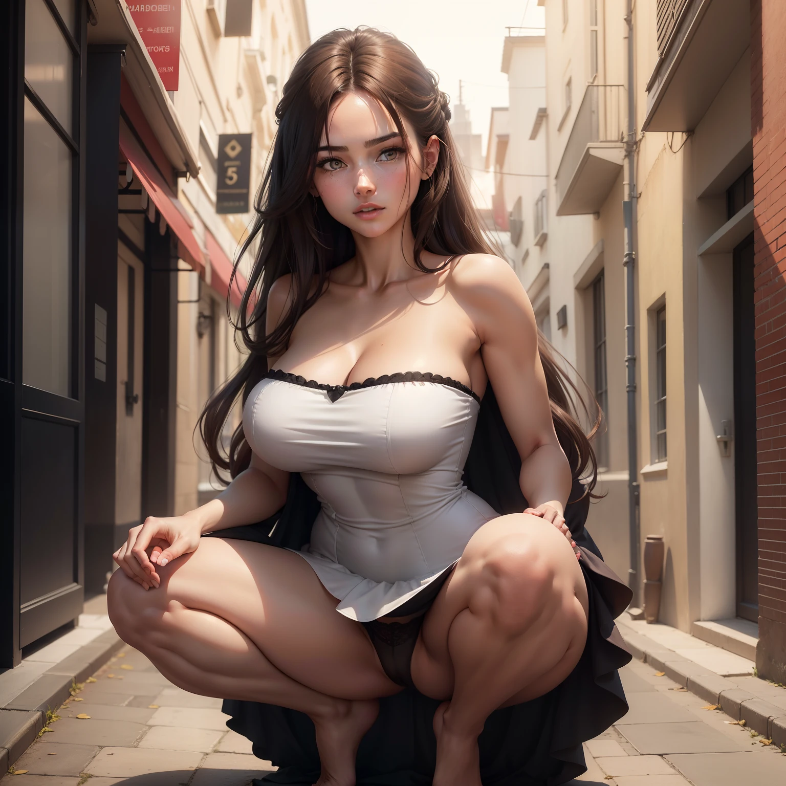 ((best quality, 8k, masterpiece: 1.3)), sharp: 1.2, perfect body beauty: 1.4, slender abs: 1.2, ((layered hairstyle, big breasts: 1.2)), (bandeau dress white: 1.1 ), city streets: 1.2, highly detailed facial and skin textures, detailed eyes, double eyelids, long brown hair, thin dress, hands behind, squatting, slightly revealing panties, revealing cleavage.