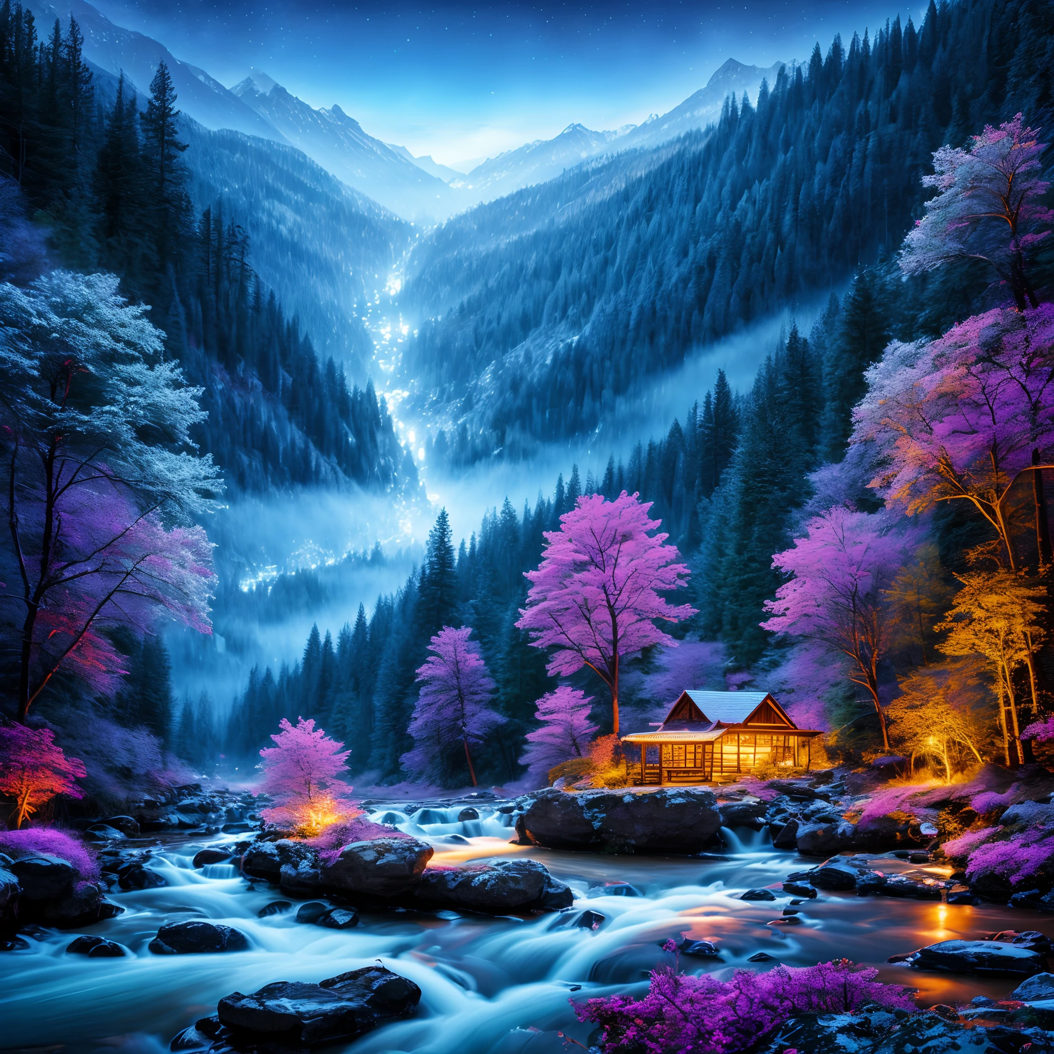best quality, masterpiece, beautiful wild and natural fantasy landscape with glowing lights