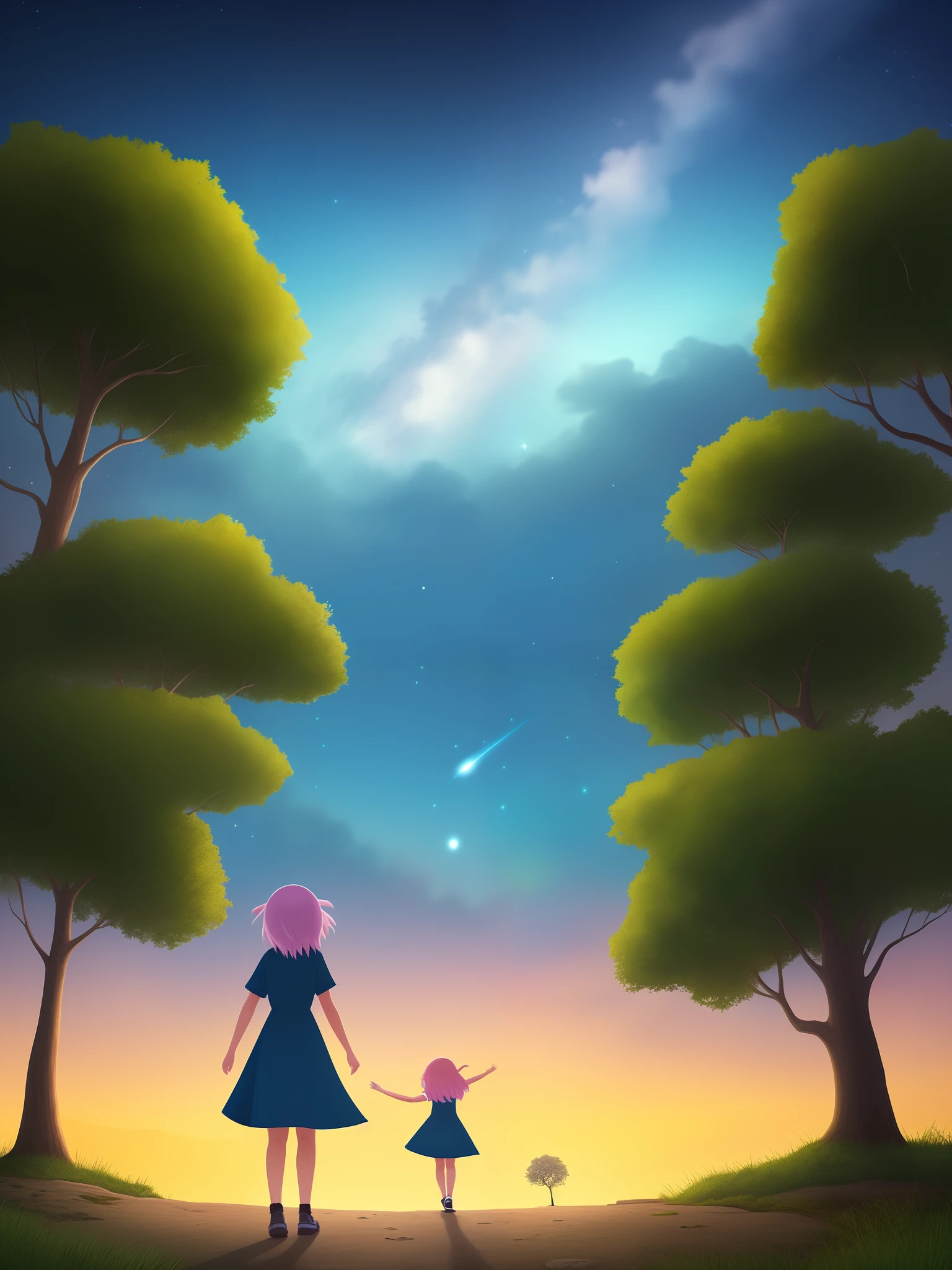 female pervert,child,Back Shadow,Starry sky,Cartoon avatar,long whitr hair,shift dresses,Deep background,In the distance, there is a shimmer from the sunrise,There are trees near and far out to the sea
