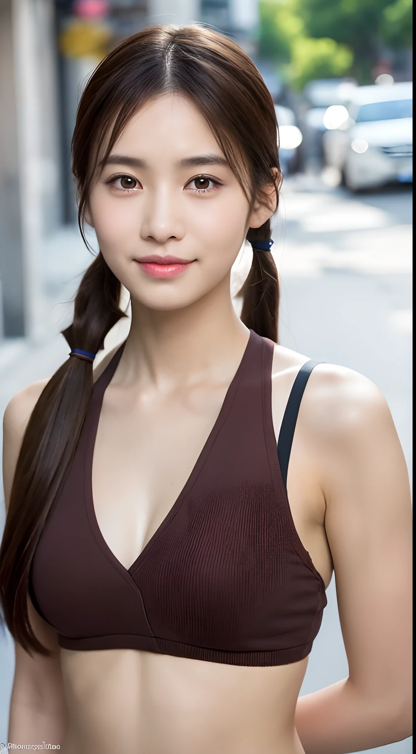((best qualtiy,8k,tmasterpiece:1.3)), 1girll, ssmile, full bodyesbian, Slim Faces,Muscular, Beautiful woman, (dark brown hair)pony tails, No clothing:1.1, Super detailed face, Detailed eyes, 二重まぶた, blur backgroun, Slim Faces, 城市, do lado de fora, the street,