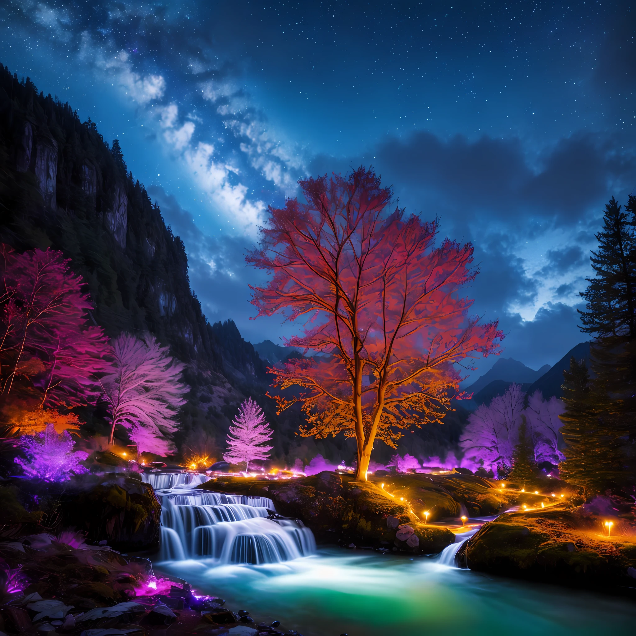 best quality, masterpiece, beautiful wild and natural fantasy landscape with glowing lights
