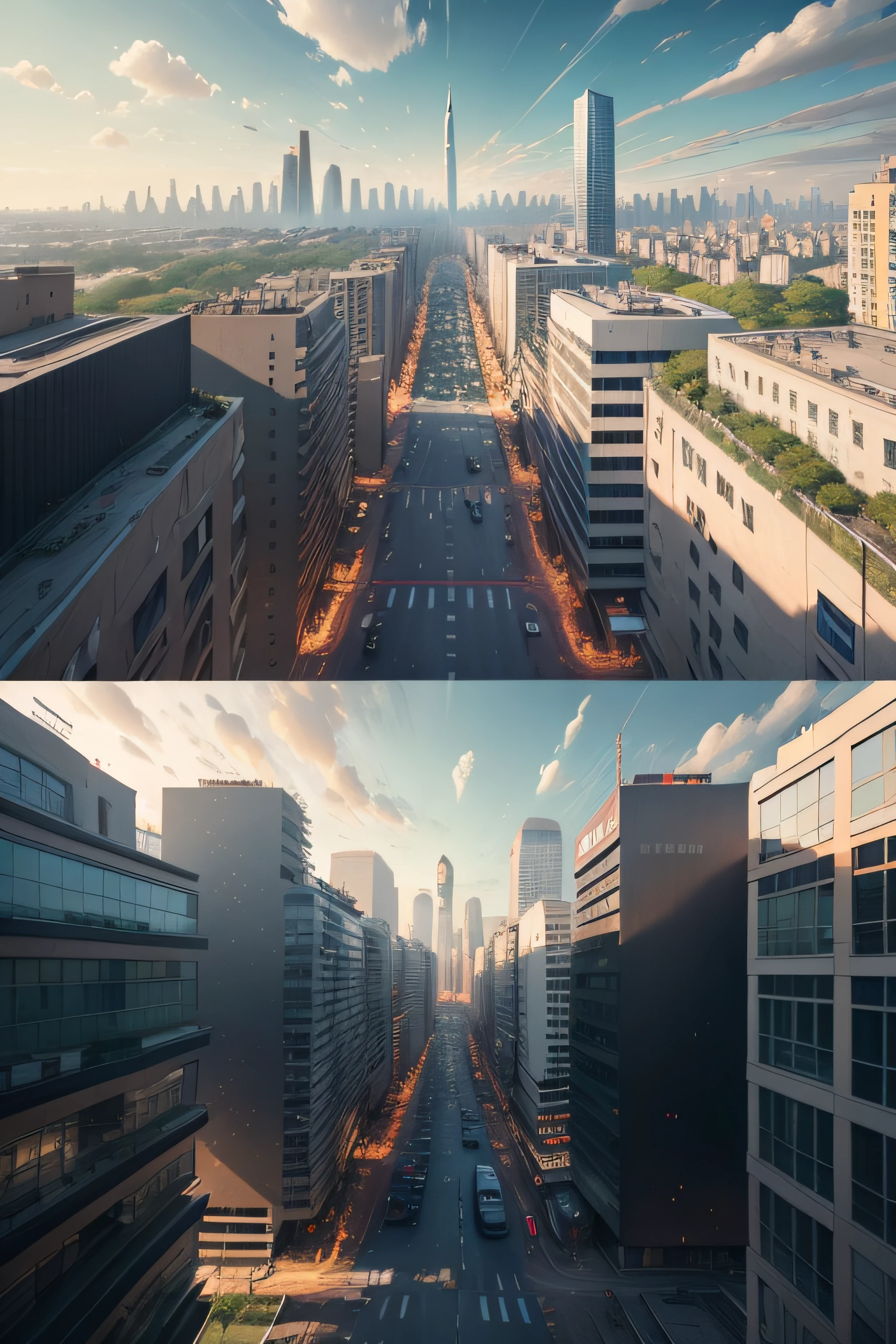 Chaos and disorder in nature、Stylization and routine of urban life 、Incorporating contingency and disorder in nature into urban life。Randomly changing building shapes、Views of the city that change depending on the weather and seasons。grand、Large-scale、Half screen:Sunnyday/Sateen