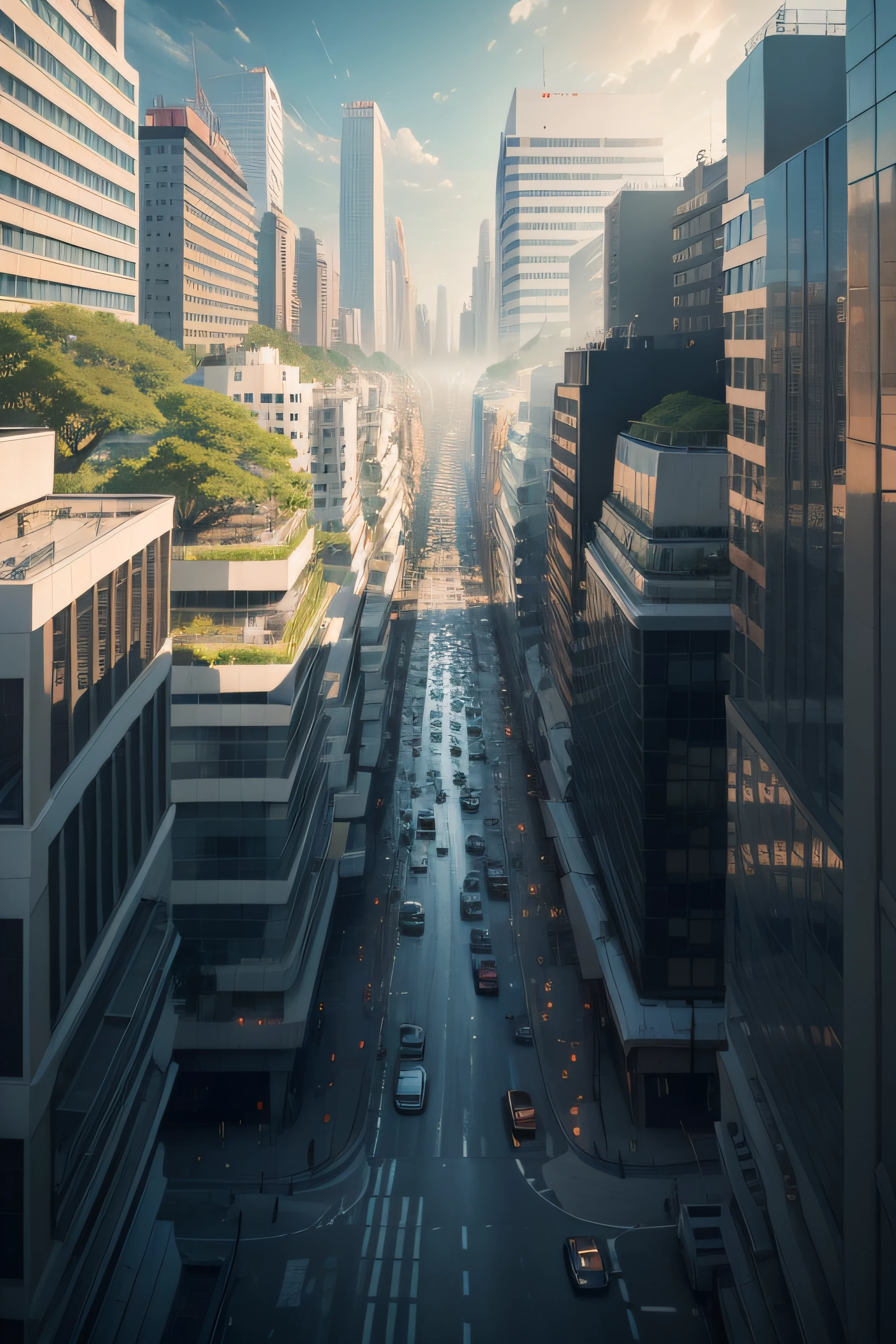 Chaos and disorder in nature、Stylization and routine of urban life 、Incorporating contingency and disorder in nature into urban life。Randomly changing building shapes、Views of the city that change depending on the weather and seasons。grand、Large-scale、Half screen：Sunnyday／Sateen