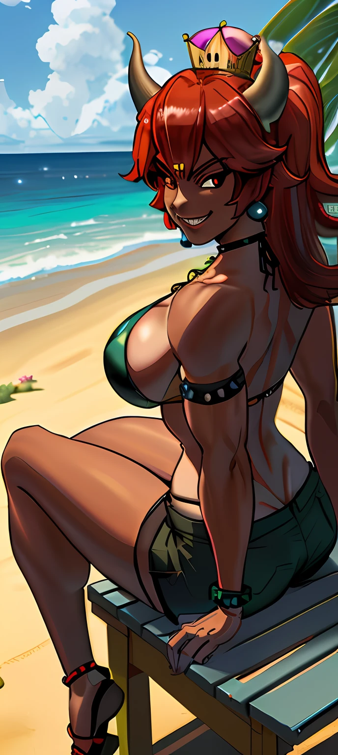 [redbowsette], [Princess_Peach], ((masterpiece)), ((solo portrait)), ((back view)), ((anime)), ((sexy)), ((beautiful 3D art)), ((High definition)), ((high quality)), ((detailed shading)), {bowsette; (dark skin, cute red eyes, long red hair, (large boobs), (cleavage), (smug smile), (long eye lashes), (sharp white teeth), (beautiful muscular legs), (defined arm muscles)}, {(dark green bikini top), (black khaki short shorts), spike bracers), (spike choker), (red pendant on chest), (red earrings), (flip-flops), (super crown)}, {(on beach chair), (laying on back), (looking at viewer), (parted legs)}, [Background; (beach), (beautiful ocean), (blue sky), (sun rays)]