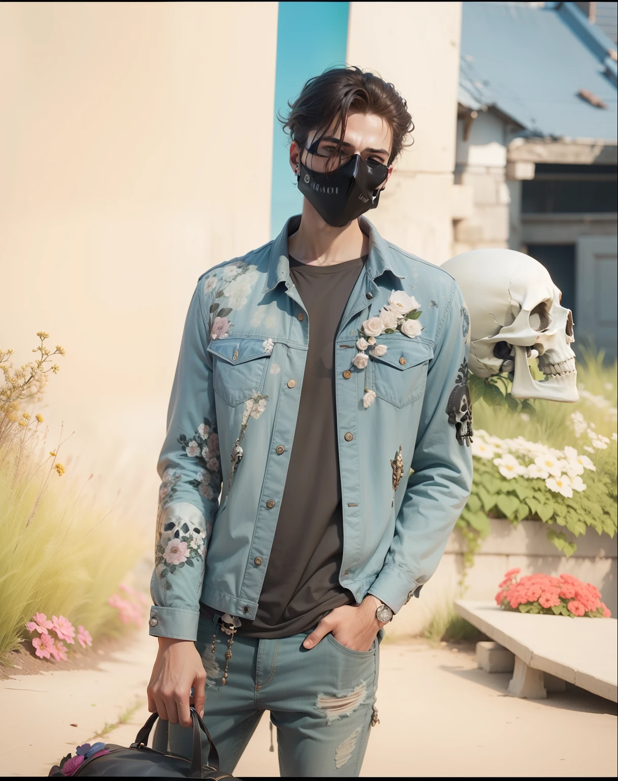 Change Background With Skull and Flowers with holding a skull in hand make it realistic 8k ultra realistic