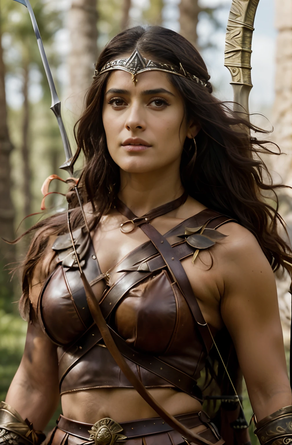 arafed woman with a bow and arrow in a leather outfit, salma hayek as a barbarian, with bow and arrow, barbarian warrior woman, arya stark as venus, warrior woman, warrior princess, amazon warrior, a beautiful woman warrior, greek amazon warrior, beautiful female warrior, female archer, elven warrior princess, very beautiful female barbarian