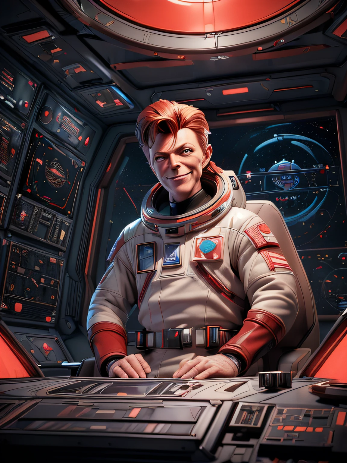 (masterpiece, best quality, illustration, unreal engine 5, official art:1.3), Rich Red color scheme, A picture of (David Bowie) as smiling Major Tom, a technocratic, omnivorous, iridescent, astronaut commander, (sitting in a starbase control room:1.2),detailed face, insanely intricate detail, absurdres, 8k