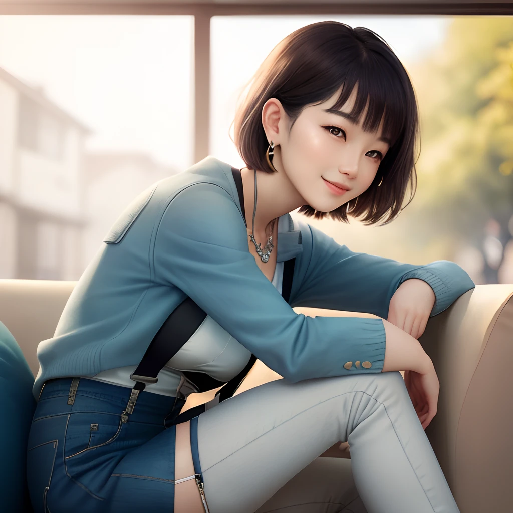 Smiling minchen, ridiculous, closed mouth, balanced eyes, (Best Quality Detail: 1.2), Realistic, 8K HD, Ultra Detailed, High Quality Texture, Complex Detail, Detailed Texture, Fine Detail, High Detail, Very Detailed CG, High Quality Shadows, Delicate Beautiful Delicate Face, (Delicate Beautiful Delicate Eyes: 1.32), Depth of Field, Ray Tracing, (A Beautiful 25-Year-Old Cute Japanese Lady: 1), Small Breasts, Tall Feminine, Beautiful Legs, Glowing Eyes, Blush, Perfect Petite, Scrawny, Blurred Outdoor Background, Silver Tight Bra, Blue Taste Denim Jacket, Cardigan Coat: 1.1, [Brown skirt]: 1, stockings and suspenders: 1.2, short hair, comfortable living room, sunshine, kneeling on sofa, earrings, necklace, model, looking at the audience, dynamic pose, earrings, necklace, model, looking at the audience, from the side, dynamic pose, front