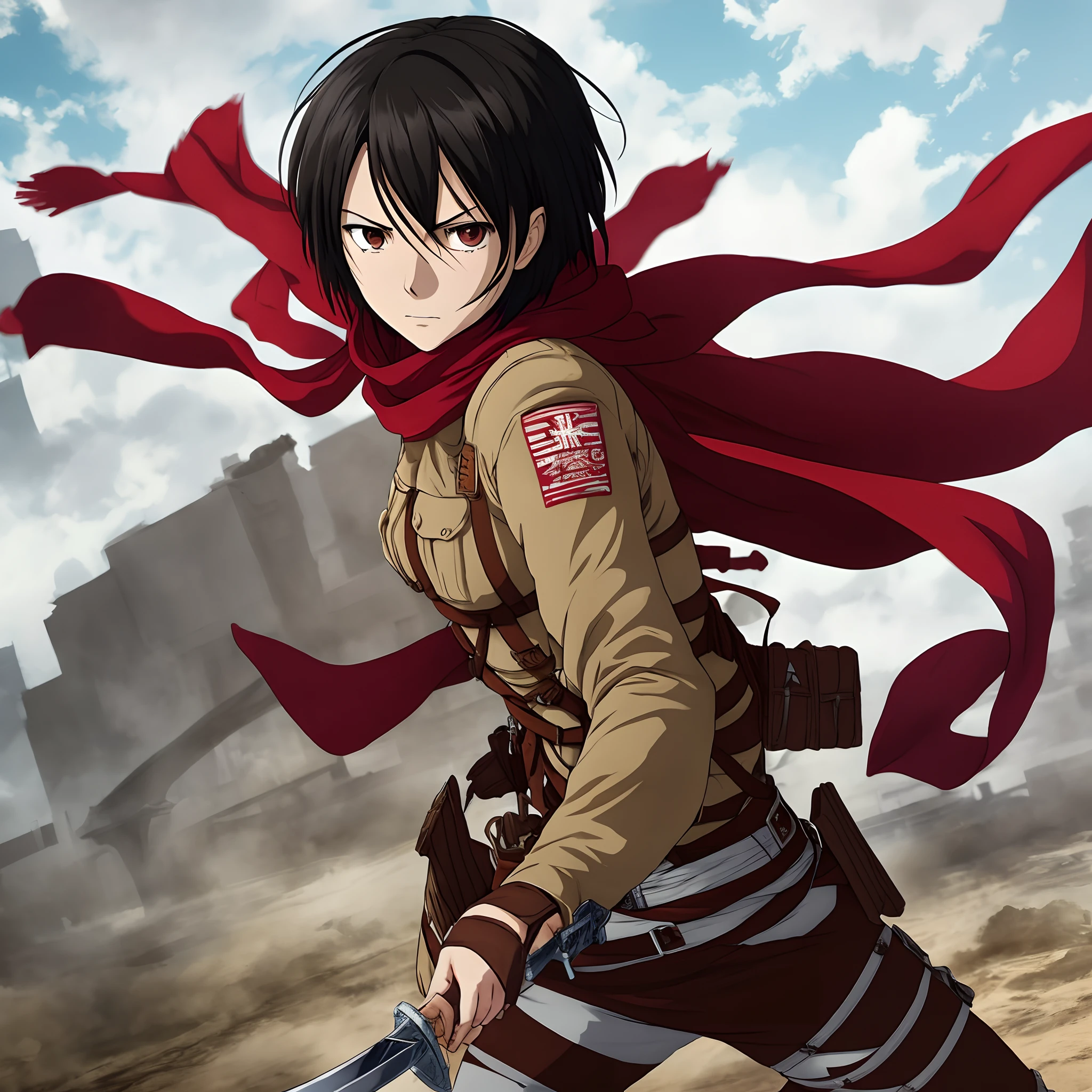 Attack on Titan　Mikasa Ackerman　top-quality　Combat regime　Red scarf
Sword in both hands　mid air