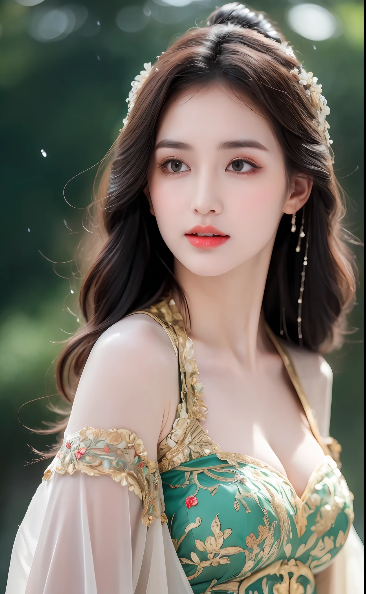 ((Best Quality, 8k, Masterpiece: 1.3)), Focus: 1.2, Perfect Body Beauty: 1.4, Buttocks: 1.2, ((Layered Haircut)), (Wet Clothes: 1.1), (Rain, Street:1.3), (Breasts: 1.2), (Hanfu: 1.2), Bare Shoulders, Bare Legs, Highly Detailed Face and Skin Texture, Fine Eyes, Double Eyelids, Whitened Skin, Long Hair, (Shut Up: 1.5), (Bokeh Background: 1.5), Big Breasts