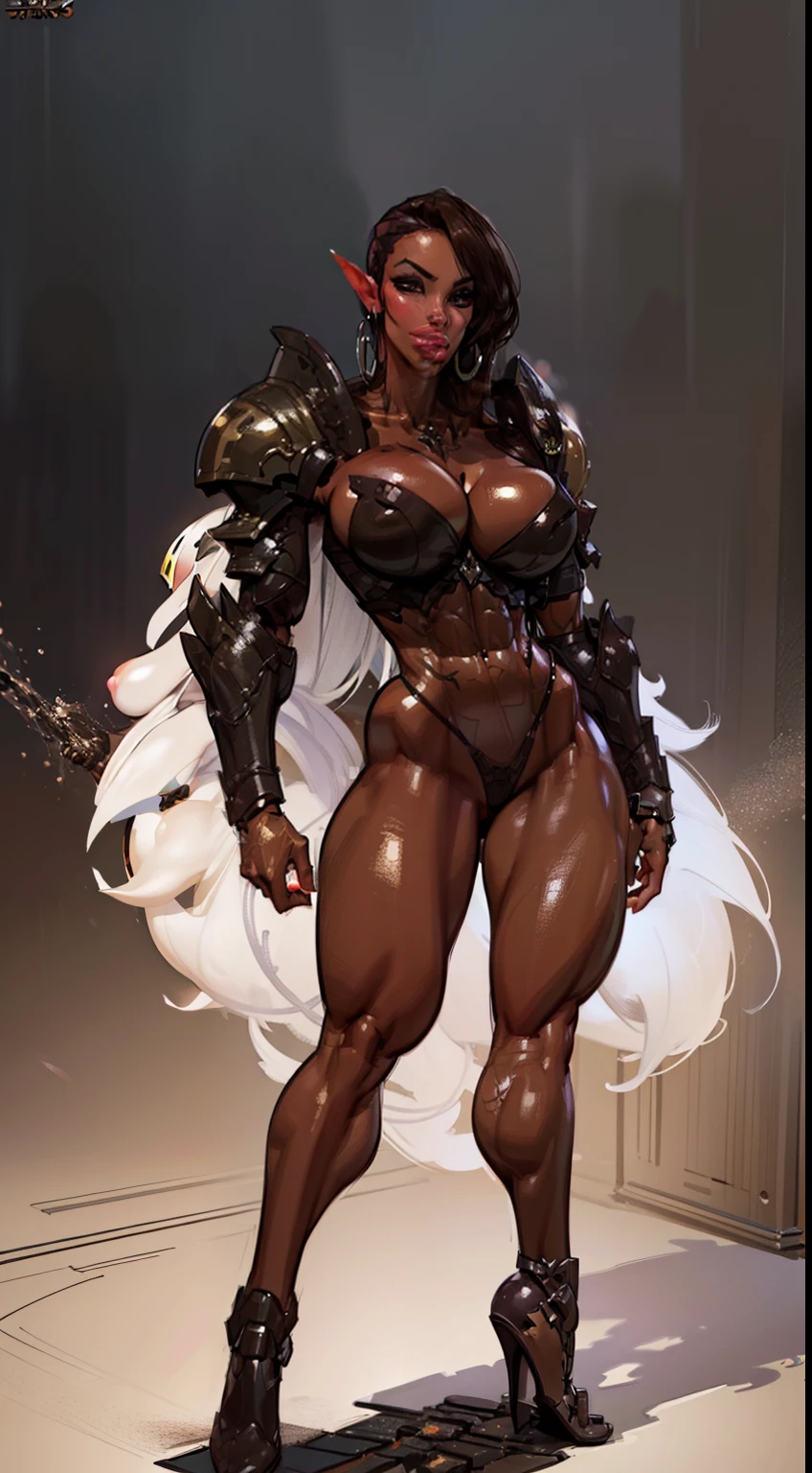 (((1girl:1.8))), ((bulky woman:1.5)) sehele style, anime style, (((dark elf))) (((dark brown skin:1.8))) (((smoldering eyes))), ((bald:1.4)), no hair, ((no hair)), 8k, 4k, Unreal Engine 5, octane render, trending on pixiv, ((huge shoulder pads:1.7)) fanbox, skeb, (((white glittering armor))), masterpiece, ((8 pack abs:1.2)),(pressed breasts:1.4), (full bodied), wide hips, (full lips:1.5), smooth soft skin, big dreamy eyes, beautiful anime wide eyes, soft lighting, concept art, digital painting,