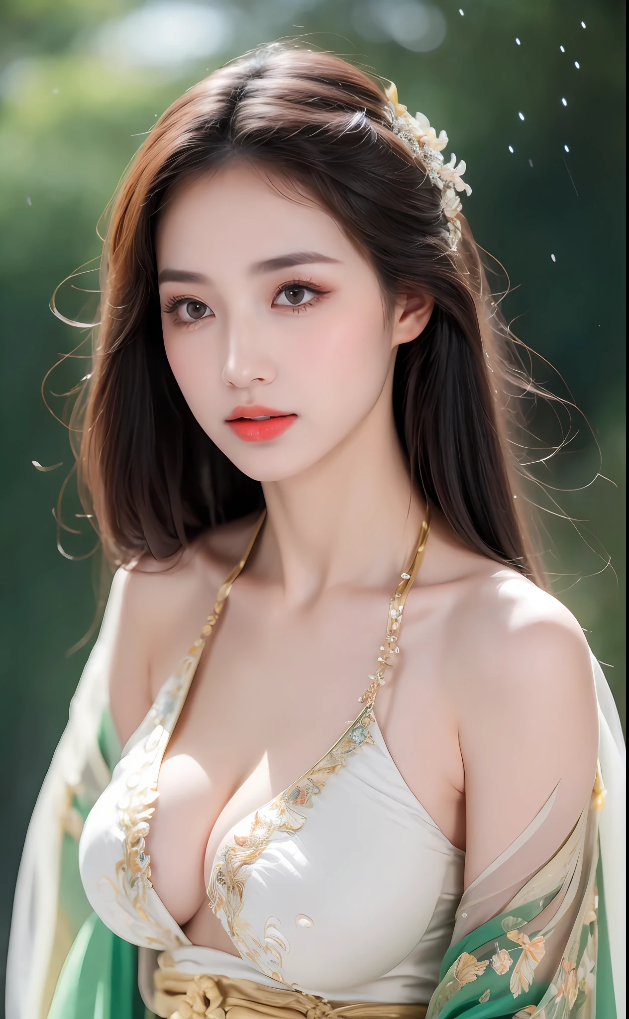 ((Best Quality, 8k, Masterpiece: 1.3)), Focus: 1.2, Perfect Body Beauty: 1.4, Buttocks: 1.2, ((Layered Haircut)), (Wet Clothes: 1.1), (Rain, Street:1.3), (Breasts: 1.2), (Hanfu: 1.2), Bare Shoulders, Bare Legs, Highly Detailed Face and Skin Texture, Fine Eyes, Double Eyelids, Whitened Skin, Long Hair, (Shut Up: 1.5), (Bokeh Background: 1.5), Big Breasts