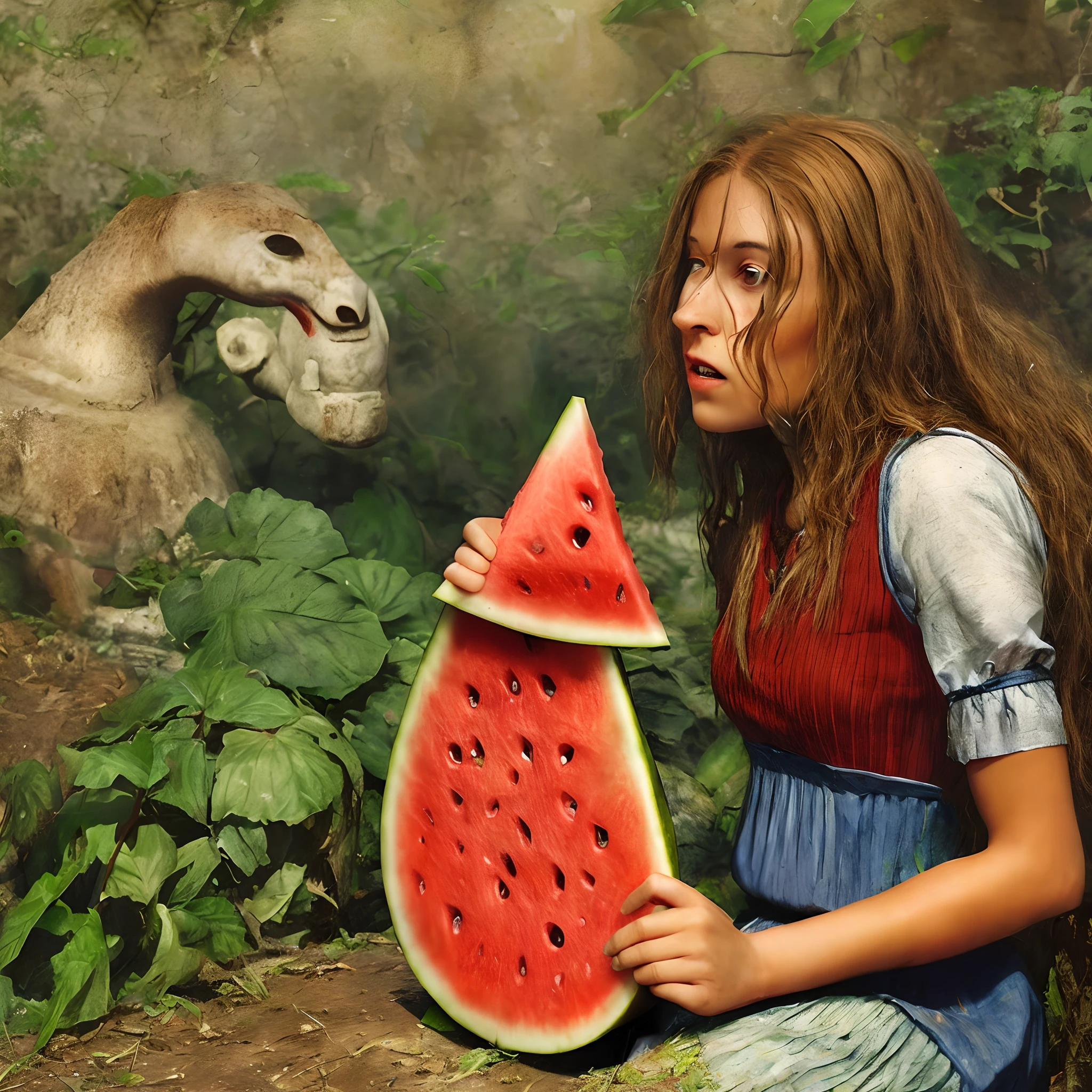 An ancient maiden eating watermelon